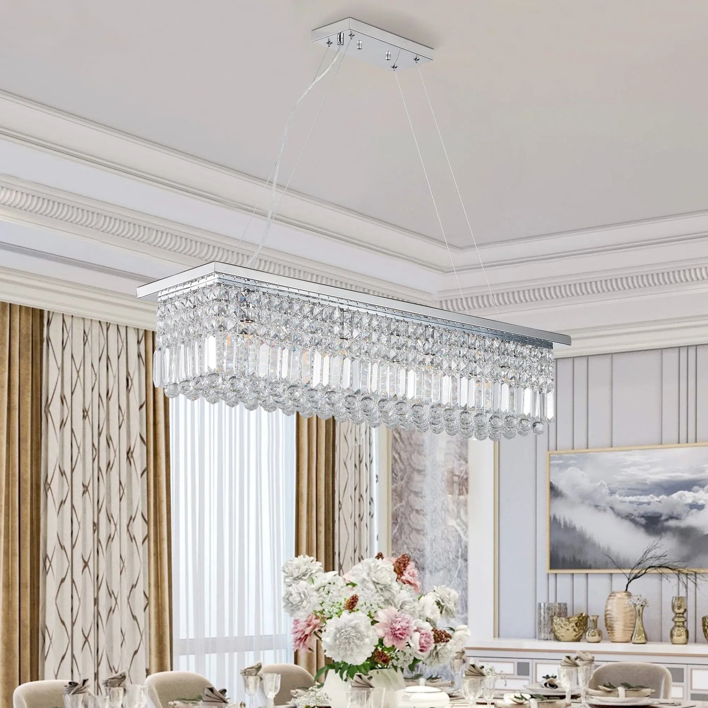 8-Light Rectangular Crystal Chandelier – Chrome – view 3