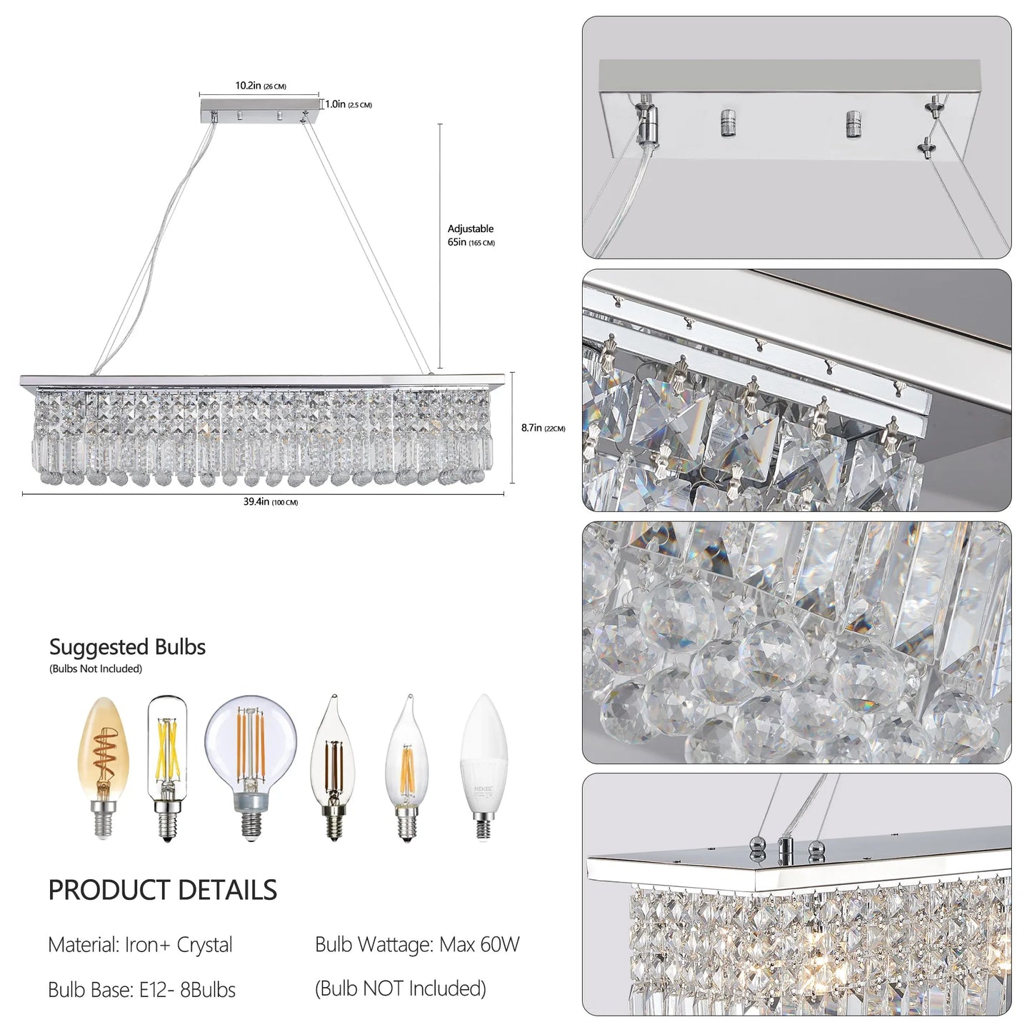 8-Light Rectangular Crystal Chandelier – Chrome – view 8
