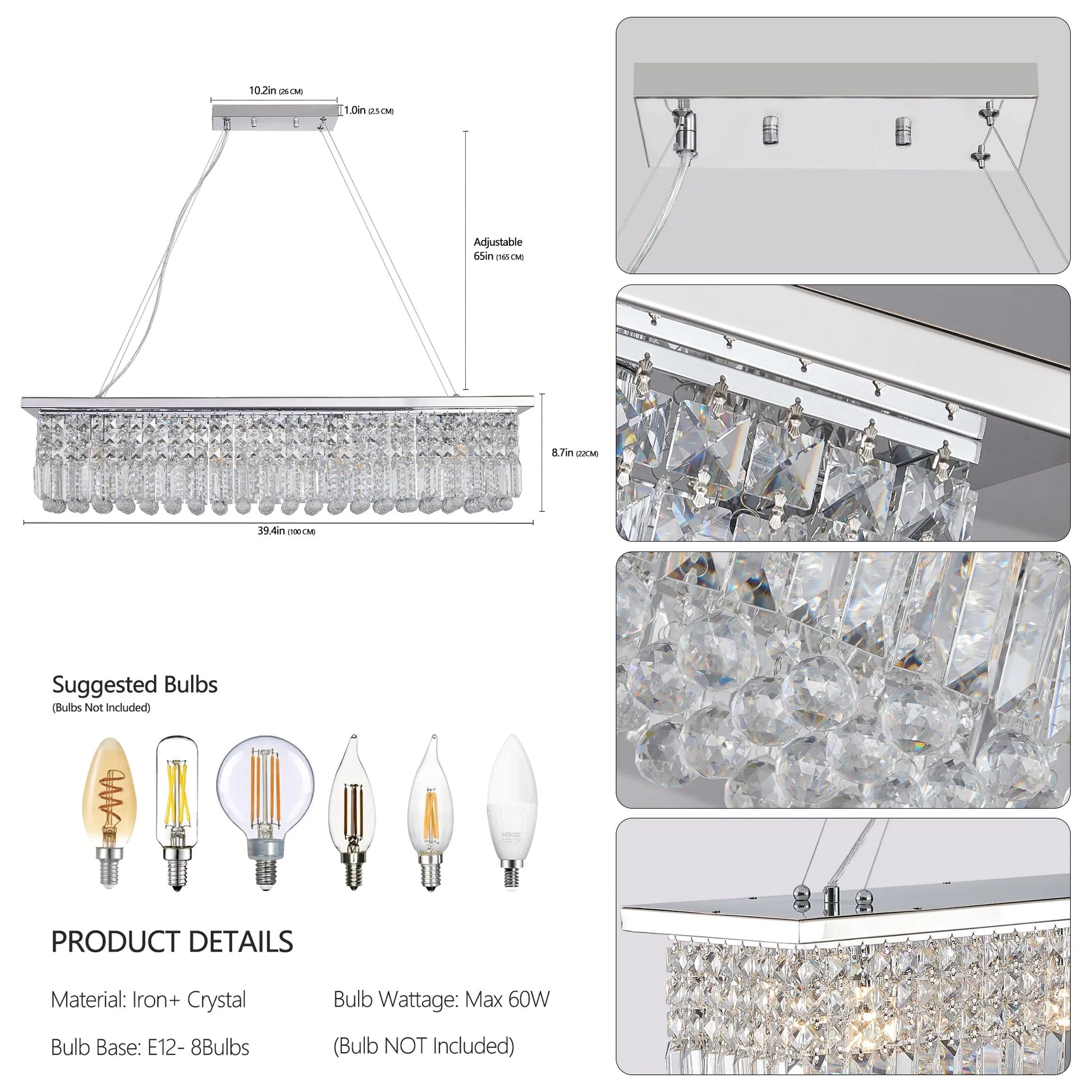 8-Light Rectangular Crystal Chandelier – Chrome – view 8