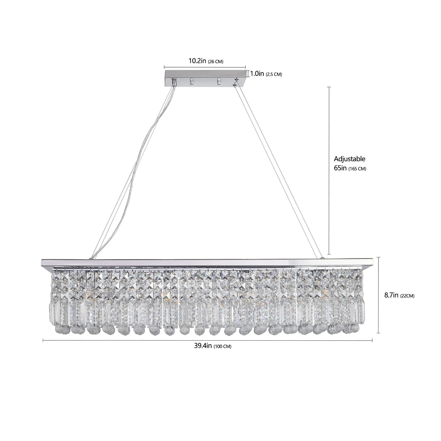 8-Light Rectangular Crystal Chandelier – Chrome – view 9