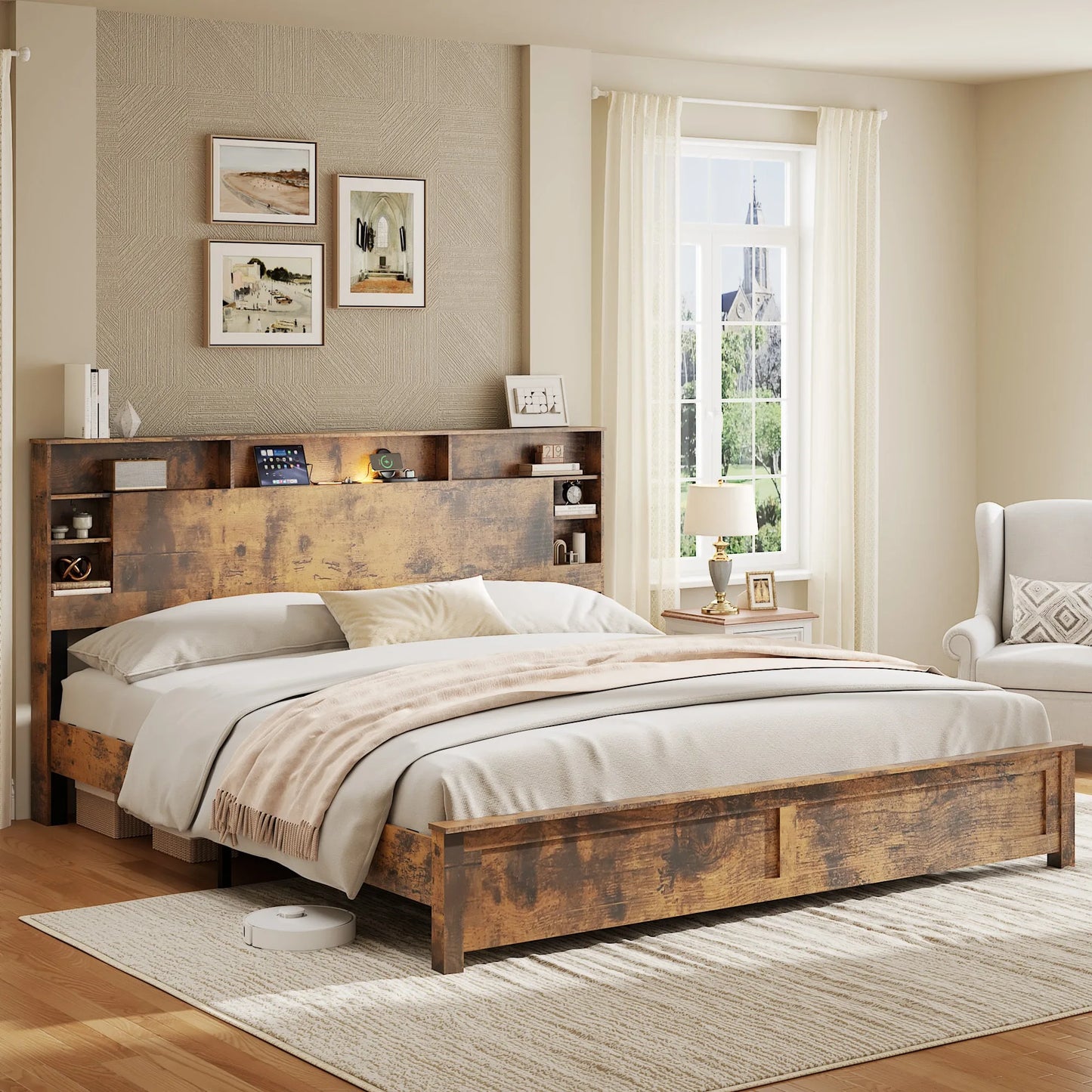 King Size Bed Frame with Storage Headboard, Wood Platform Bed Frame with Charging Station, LED Lights & Bookcase, No Box Spring Needed, Dark Brown lifestyle view