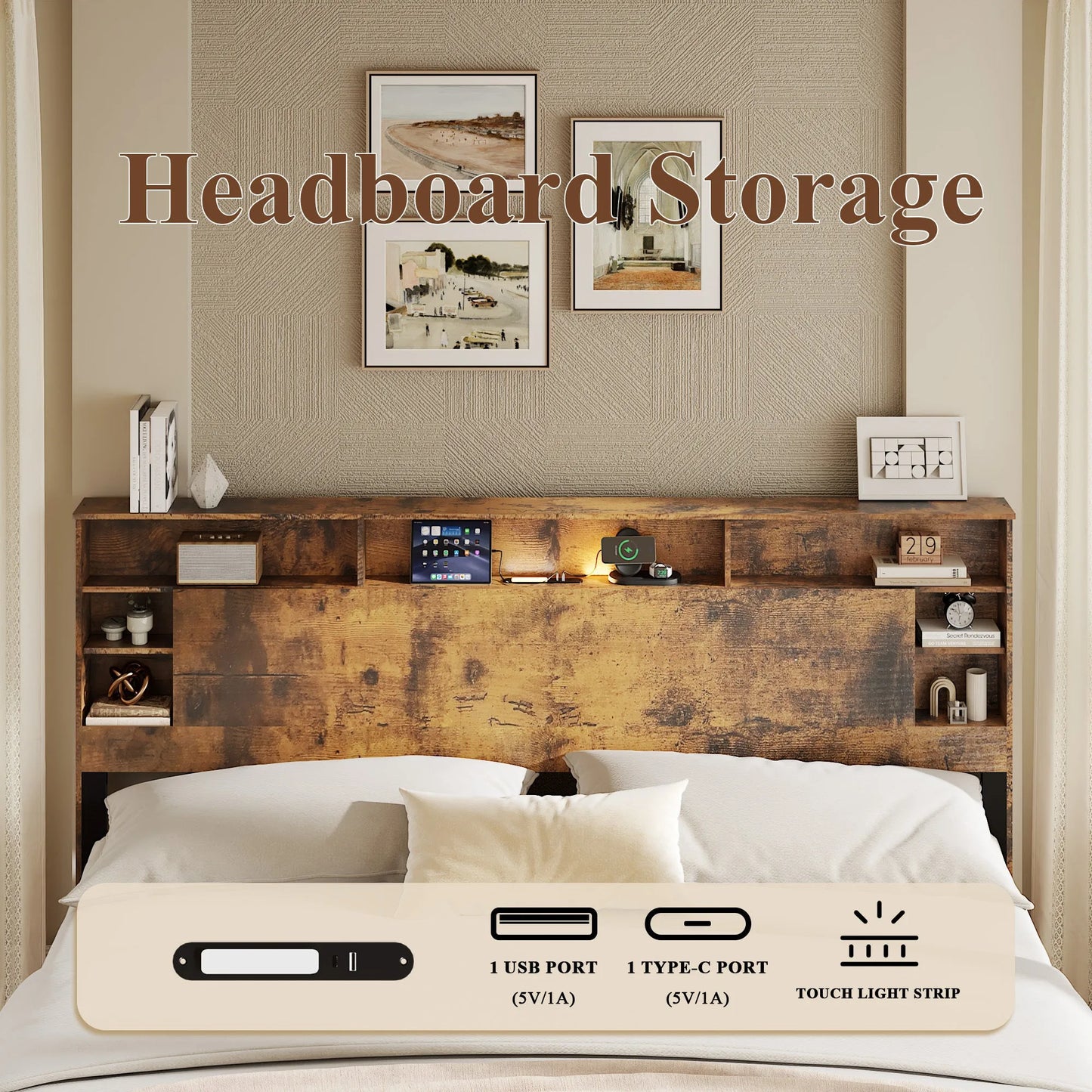 King Size Bed Frame with Storage Headboard, Wood Platform Bed Frame with Charging Station, LED Lights & Bookcase, No Box Spring Needed, Dark Brown detail view 2