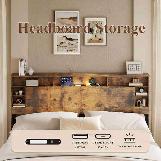 King Size Bed Frame with Storage Headboard, Wood Platform Bed Frame with Charging Station, LED Lights & Bookcase, No Box Spring Needed, Dark Brown detail view 2