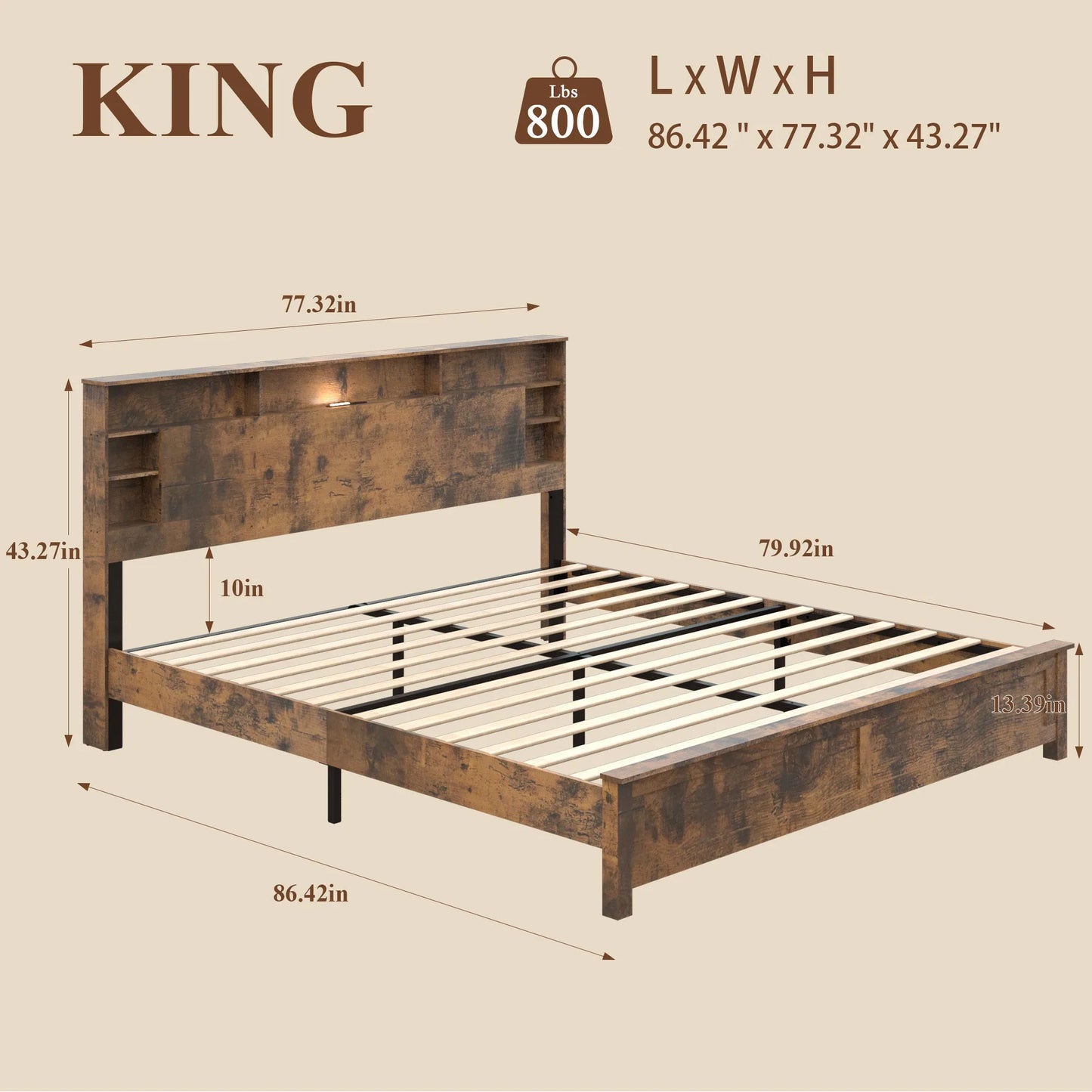 King Size Bed Frame with Storage Headboard, Wood Platform Bed Frame with Charging Station, LED Lights & Bookcase, No Box Spring Needed, Dark Brown detail view 3