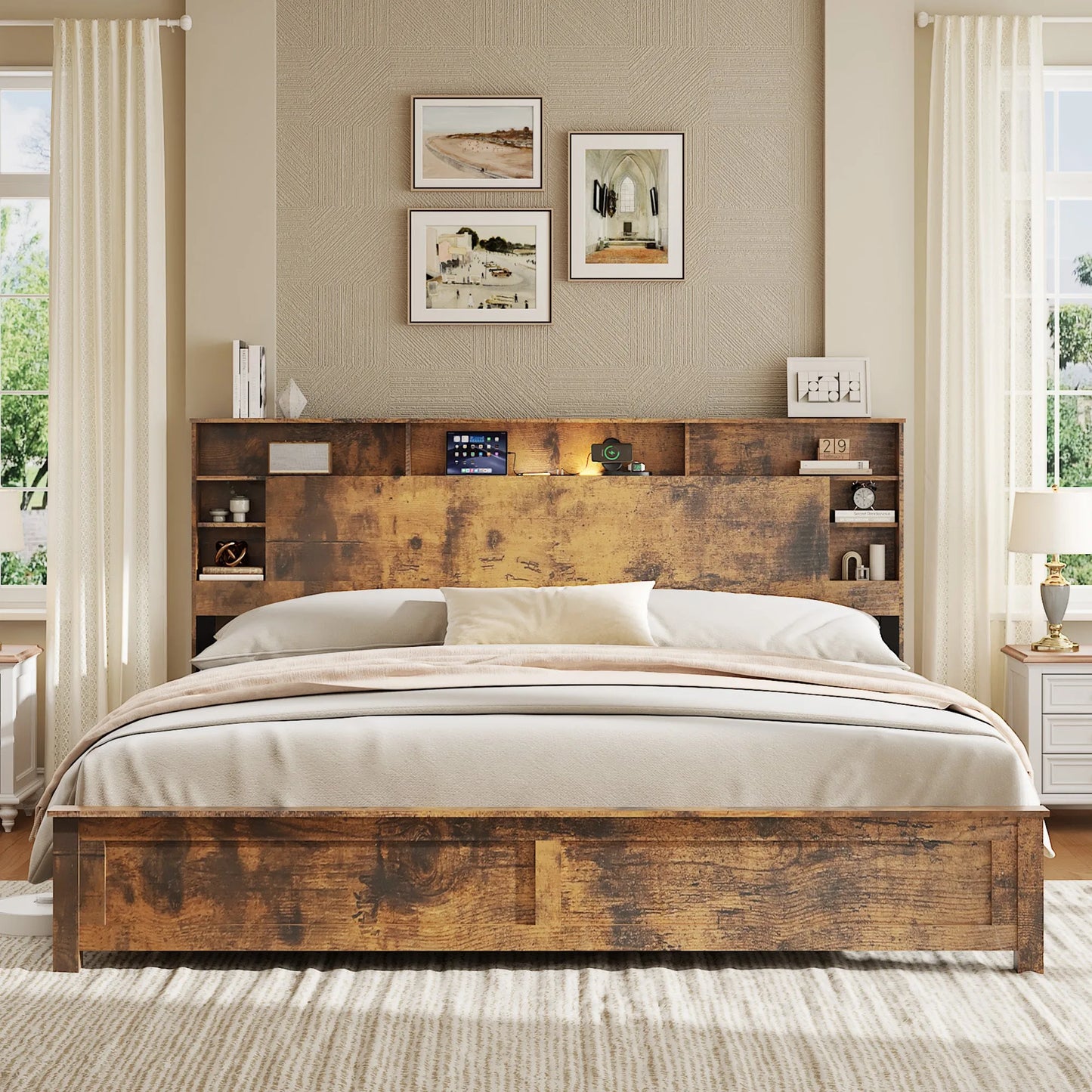 King Size Bed Frame with Storage Headboard, Wood Platform Bed Frame with Charging Station, LED Lights & Bookcase, No Box Spring Needed, Dark Brown detail view 4