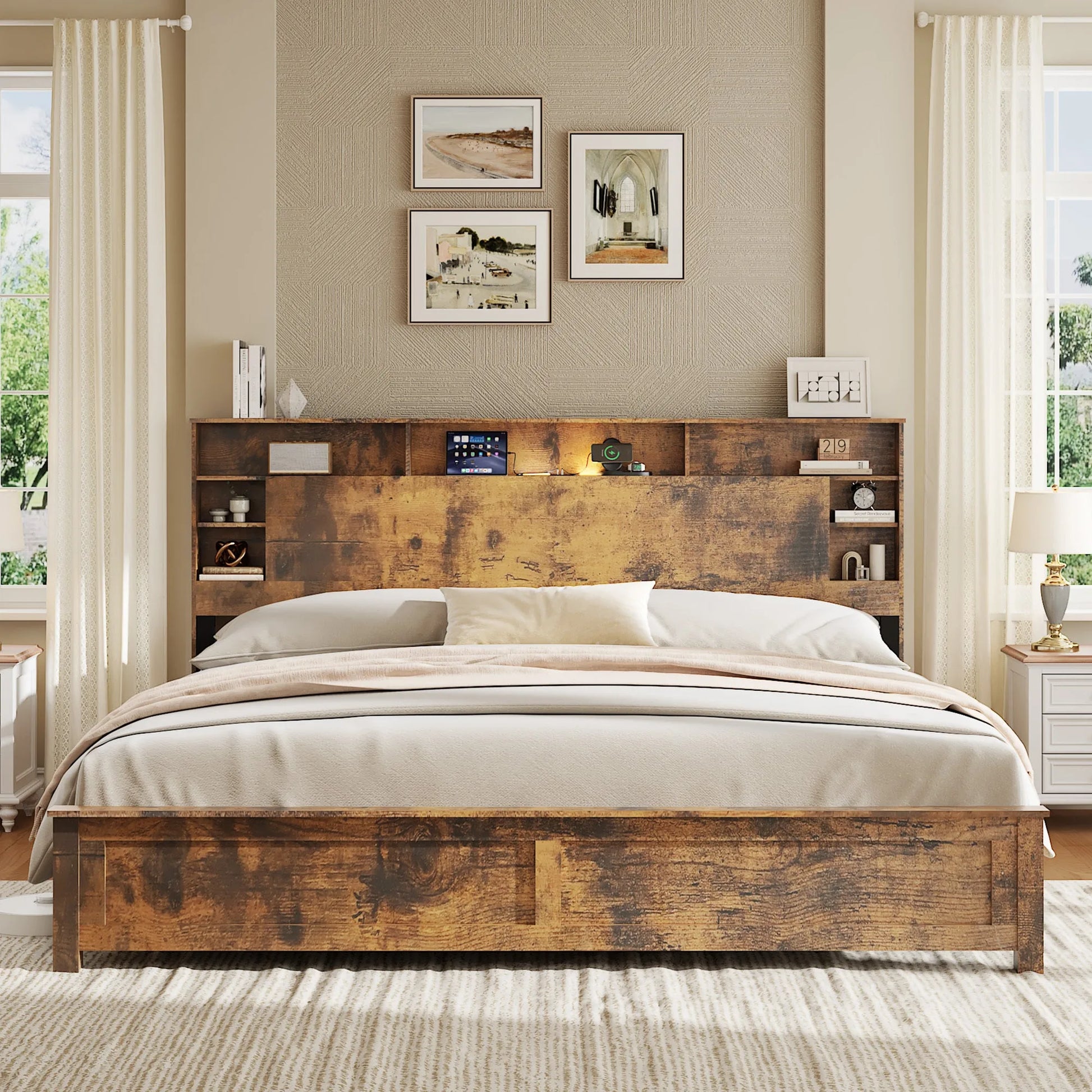 King Size Bed Frame with Storage Headboard, Wood Platform Bed Frame with Charging Station, LED Lights & Bookcase, No Box Spring Needed, Dark Brown detail view 4