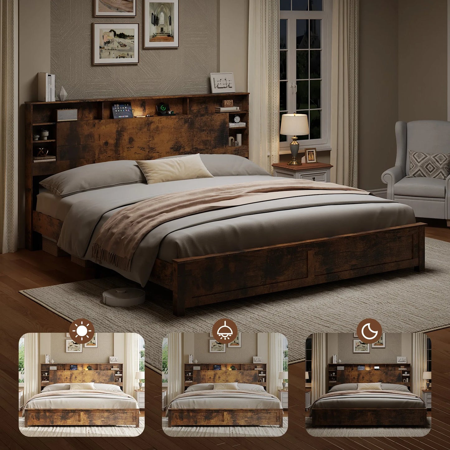 King Size Bed Frame with Storage Headboard, Wood Platform Bed Frame with Charging Station, LED Lights & Bookcase, No Box Spring Needed, Dark Brown detail view 5