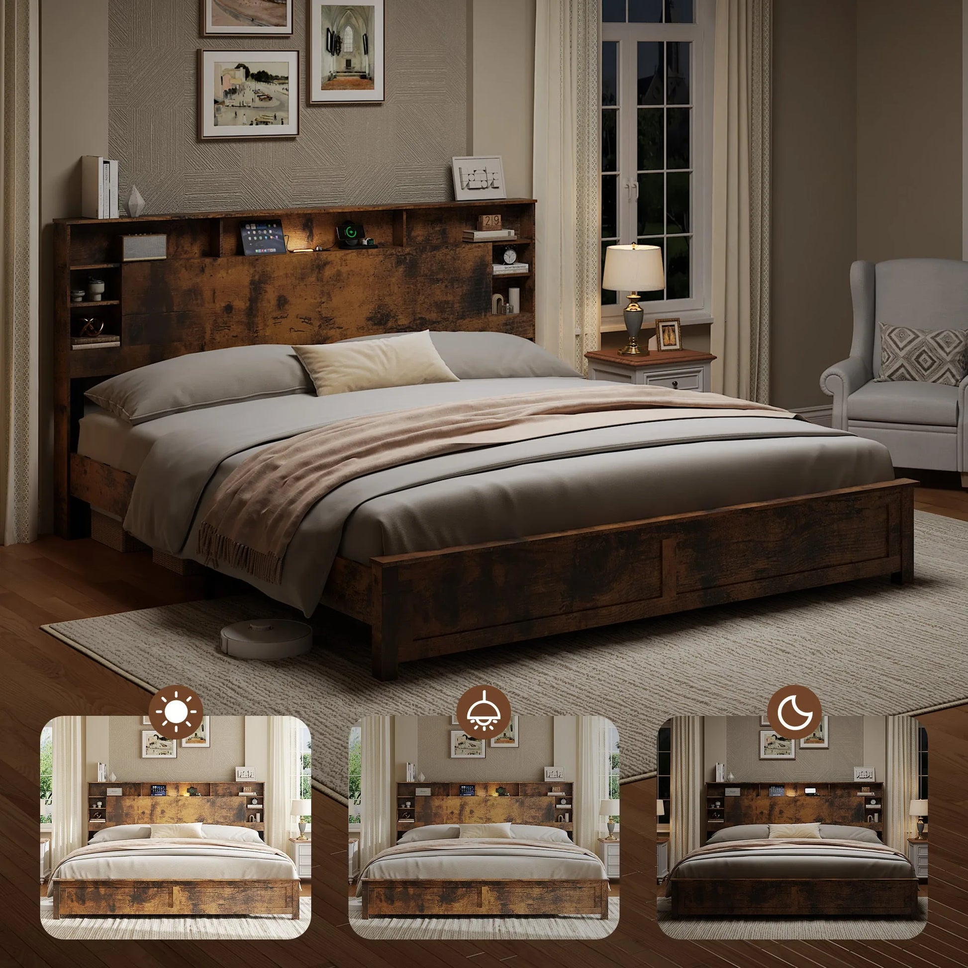 King Size Bed Frame with Storage Headboard, Wood Platform Bed Frame with Charging Station, LED Lights & Bookcase, No Box Spring Needed, Dark Brown detail view 5