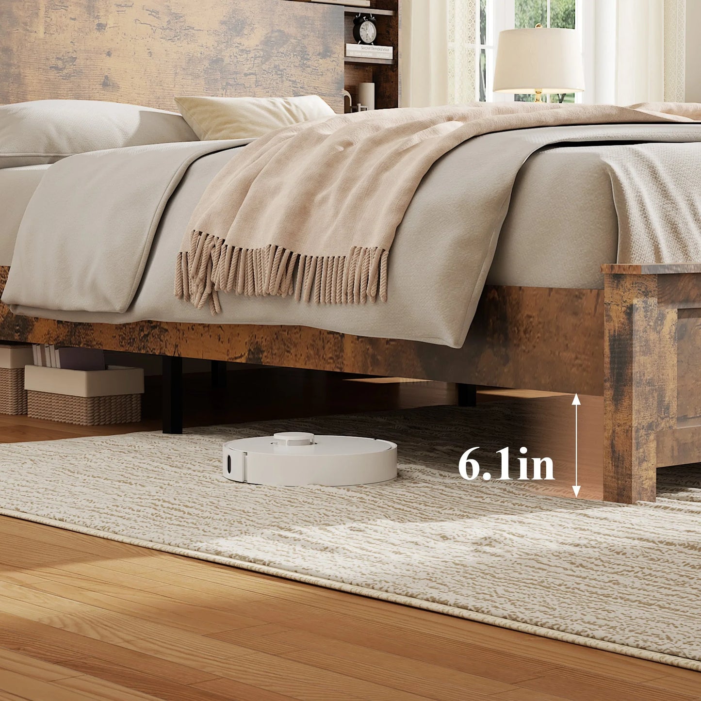 King Size Bed Frame with Storage Headboard, Wood Platform Bed Frame with Charging Station, LED Lights & Bookcase, No Box Spring Needed, Dark Brown detail view 6