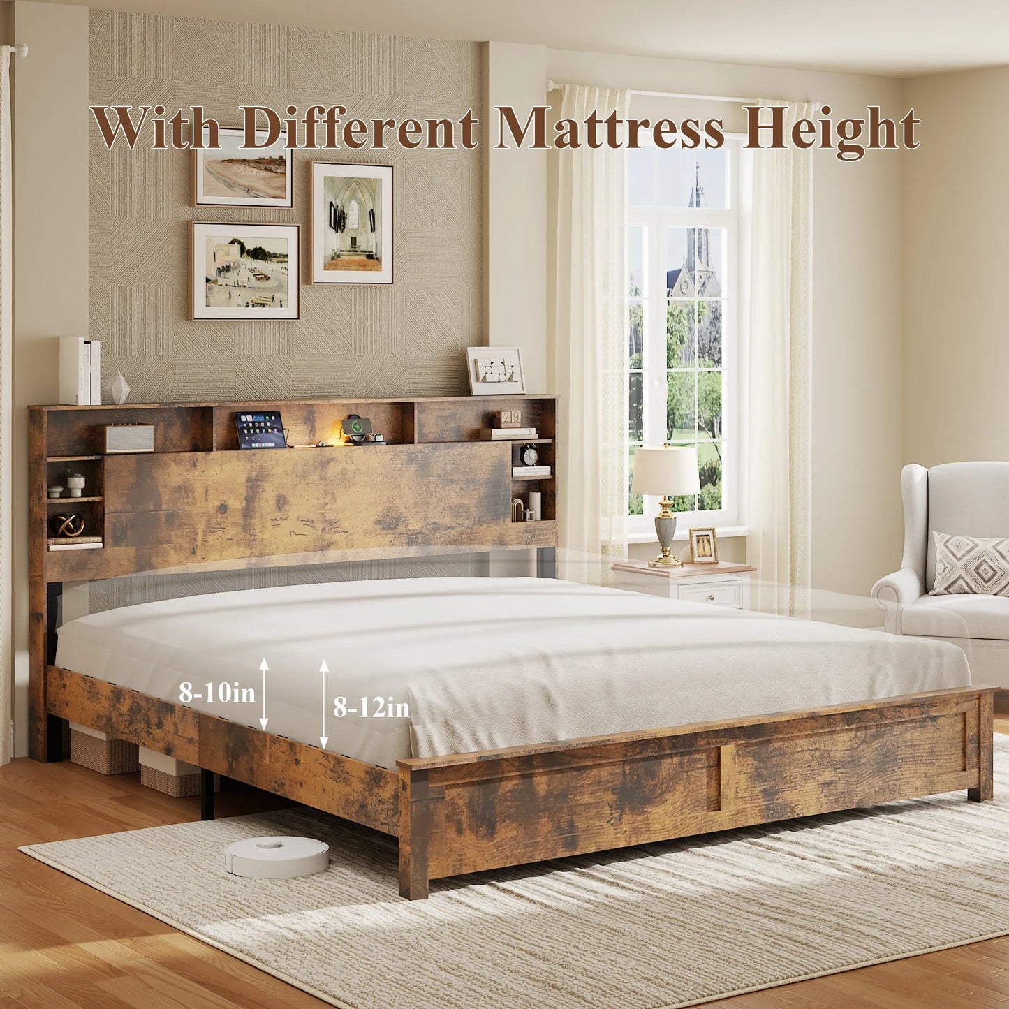 King Size Bed Frame with Storage Headboard, Wood Platform Bed Frame with Charging Station, LED Lights & Bookcase, No Box Spring Needed, Dark Brown detail view 7