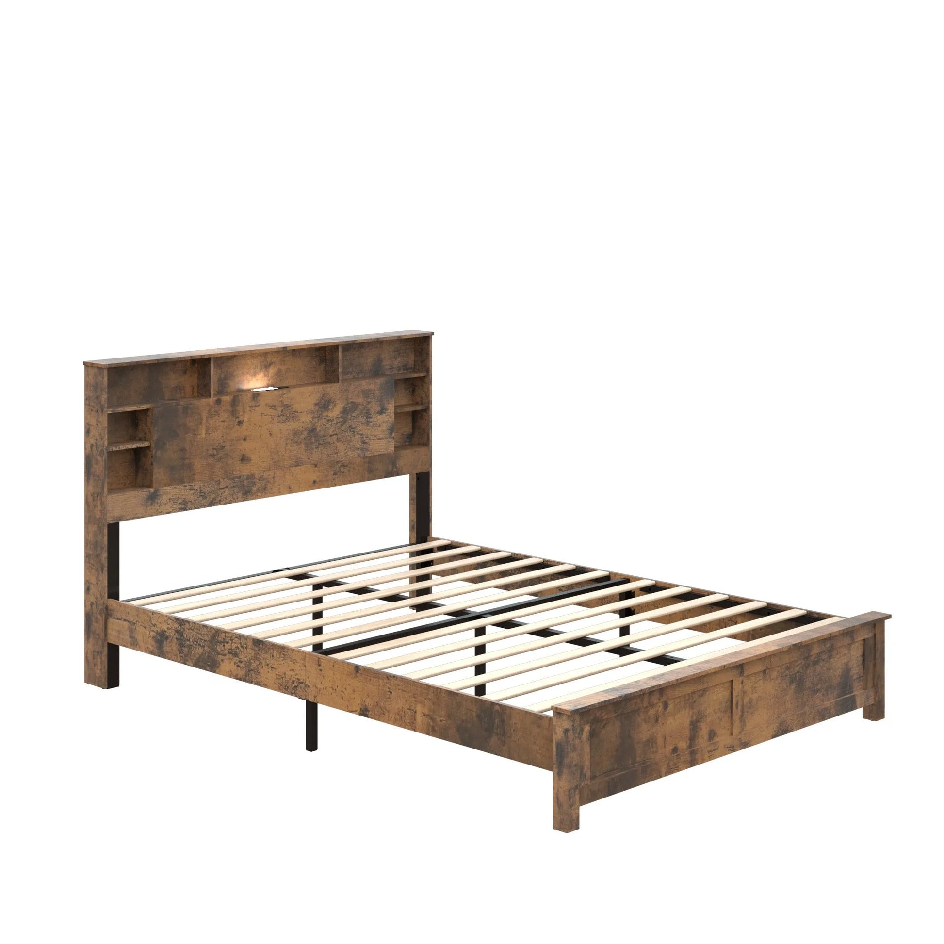 King Size Bed Frame with Storage Headboard, Wood Platform Bed Frame with Charging Station, LED Lights & Bookcase, No Box Spring Needed, Dark Brown detail view 8