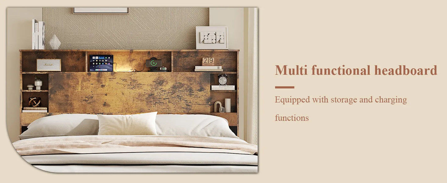 King Size Bed Frame with Storage Headboard, Wood Platform Bed Frame with Charging Station, LED Lights & Bookcase, No Box Spring Needed, Dark Brown detail view 9