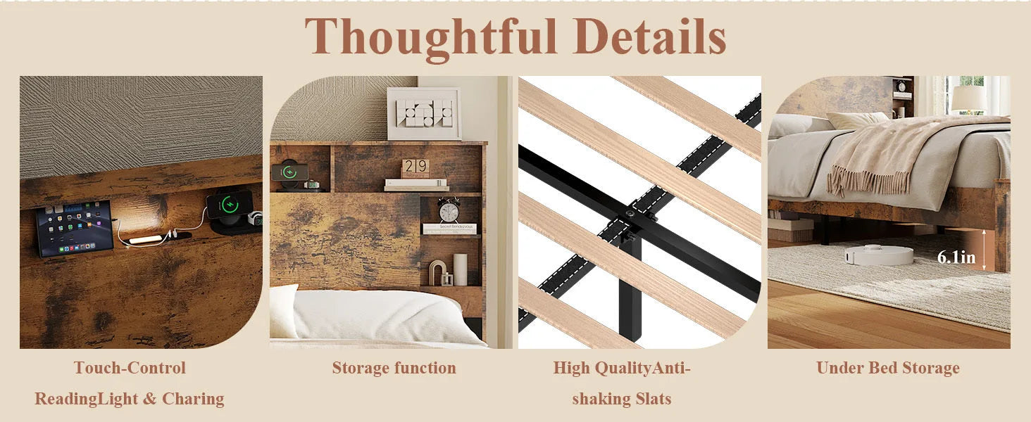 King Size Bed Frame with Storage Headboard, Wood Platform Bed Frame with Charging Station, LED Lights & Bookcase, No Box Spring Needed, Dark Brown detail view 10