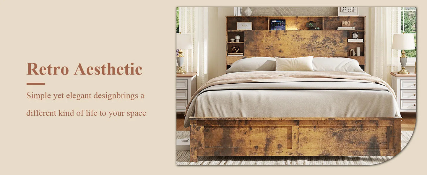 King Size Bed Frame with Storage Headboard, Wood Platform Bed Frame with Charging Station, LED Lights & Bookcase, No Box Spring Needed, Dark Brown detail view 13