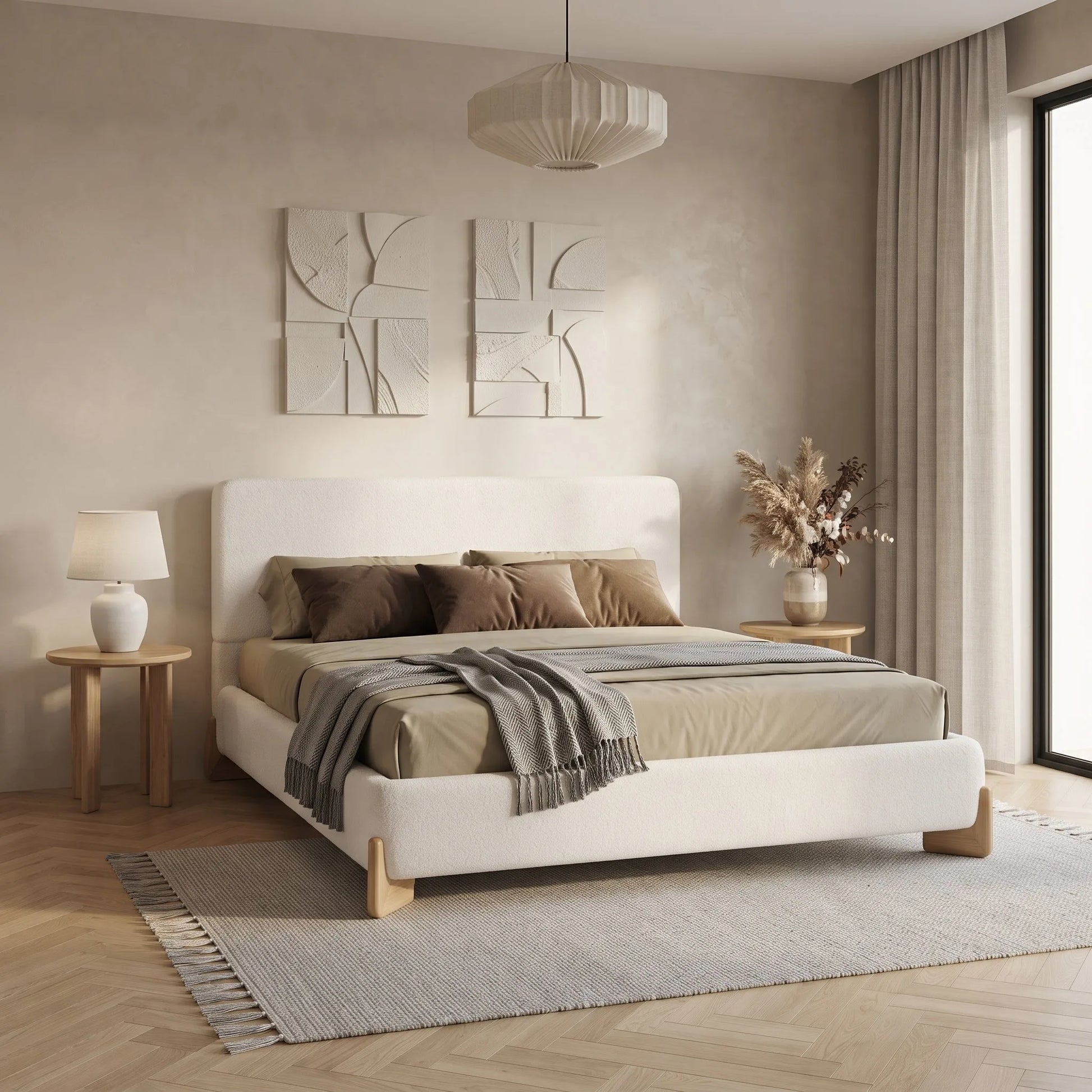 Elegant Boucle Upholstered Bed, A Luxurious and Comfortable Bedroom Centerpiece, Full Size, White lifestyle view
