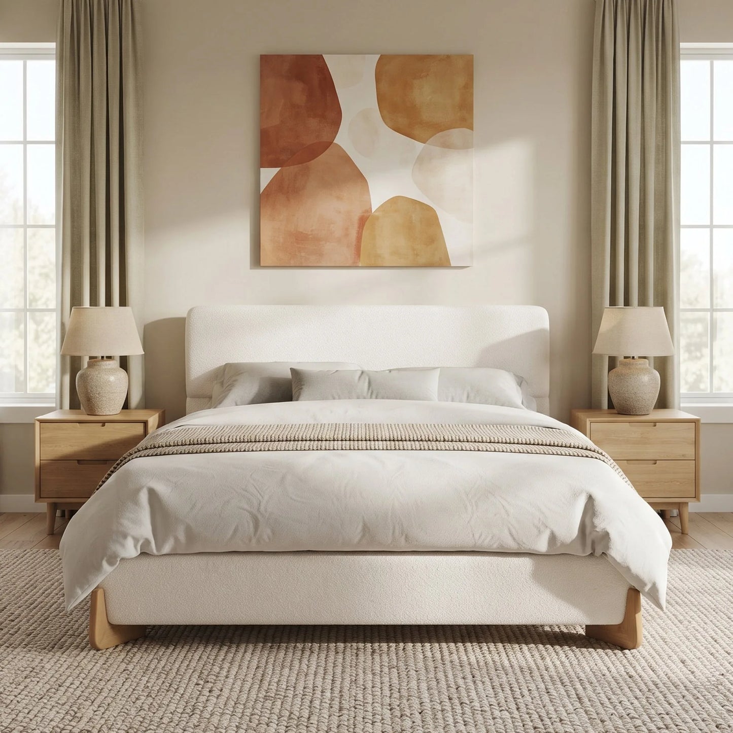 Elegant Boucle Upholstered Bed, A Luxurious and Comfortable Bedroom Centerpiece, Full Size, White detail view 2