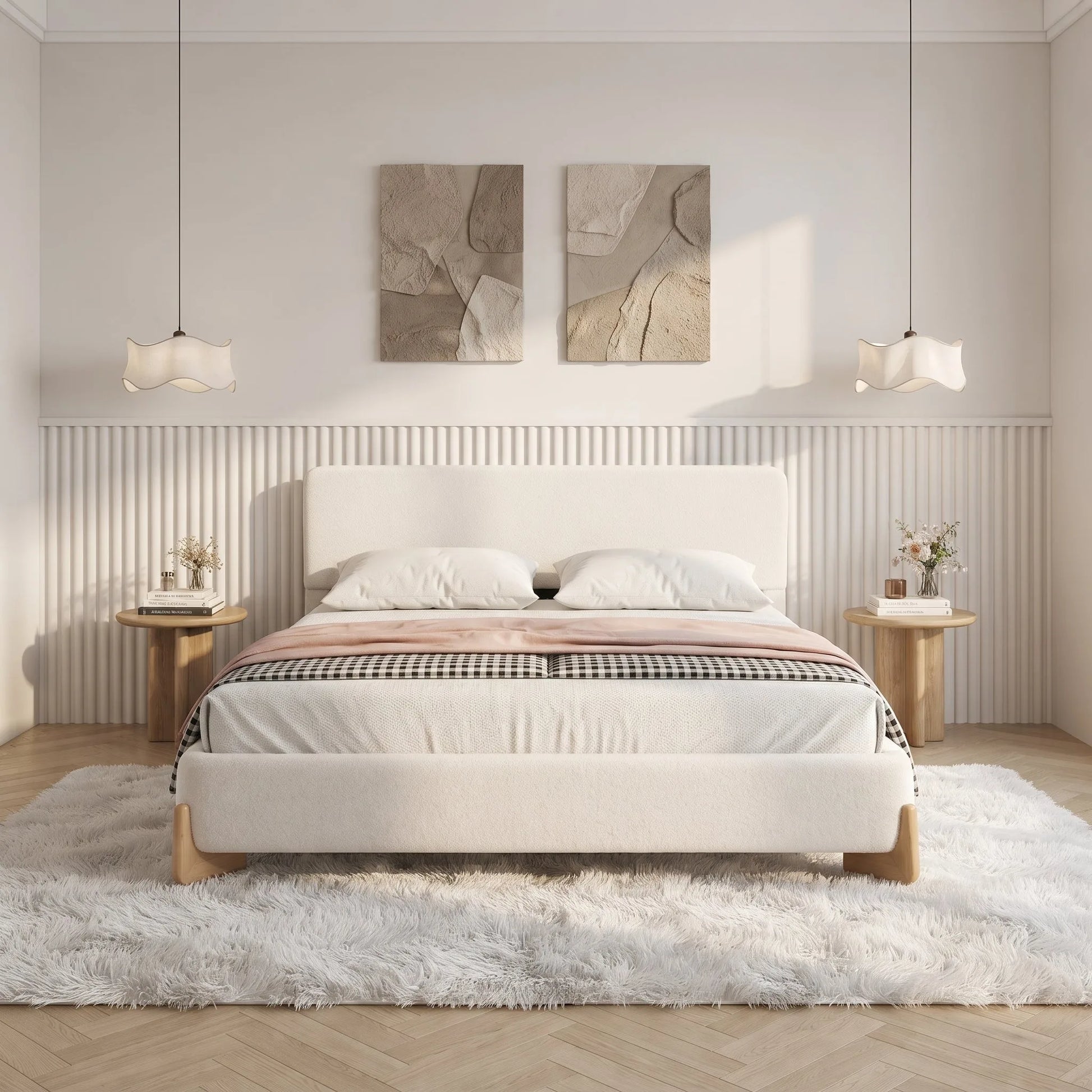 Elegant Boucle Upholstered Bed, A Luxurious and Comfortable Bedroom Centerpiece, Full Size, White detail view 3