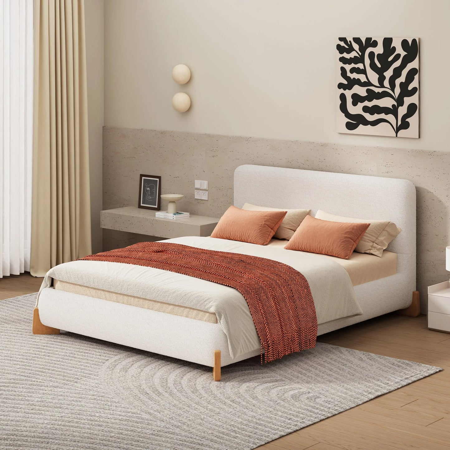 Elegant Boucle Upholstered Bed, A Luxurious and Comfortable Bedroom Centerpiece, Full Size, White detail view 4
