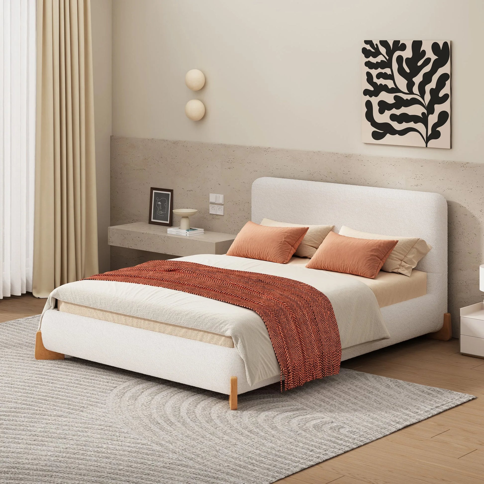 Elegant Boucle Upholstered Bed, A Luxurious and Comfortable Bedroom Centerpiece, Full Size, White detail view 4