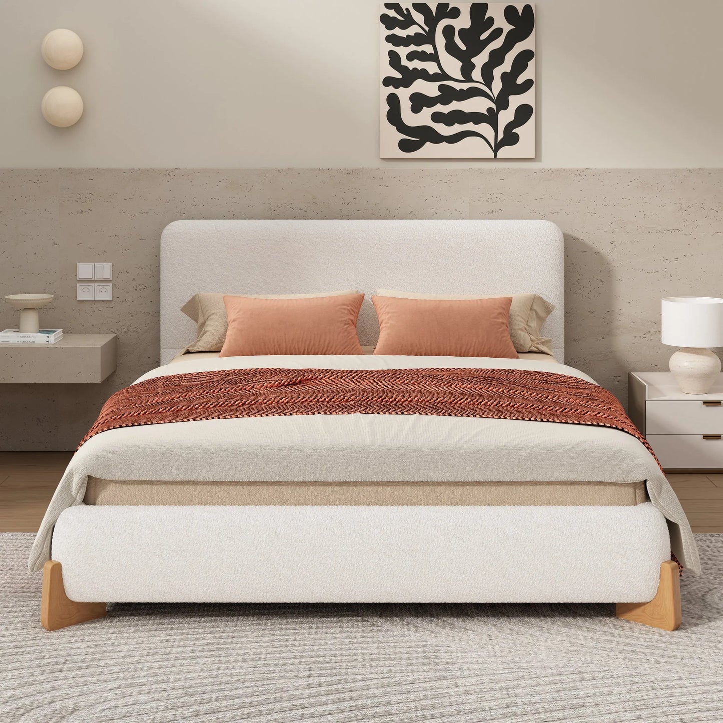 Elegant Boucle Upholstered Bed, A Luxurious and Comfortable Bedroom Centerpiece, Full Size, White detail view 14