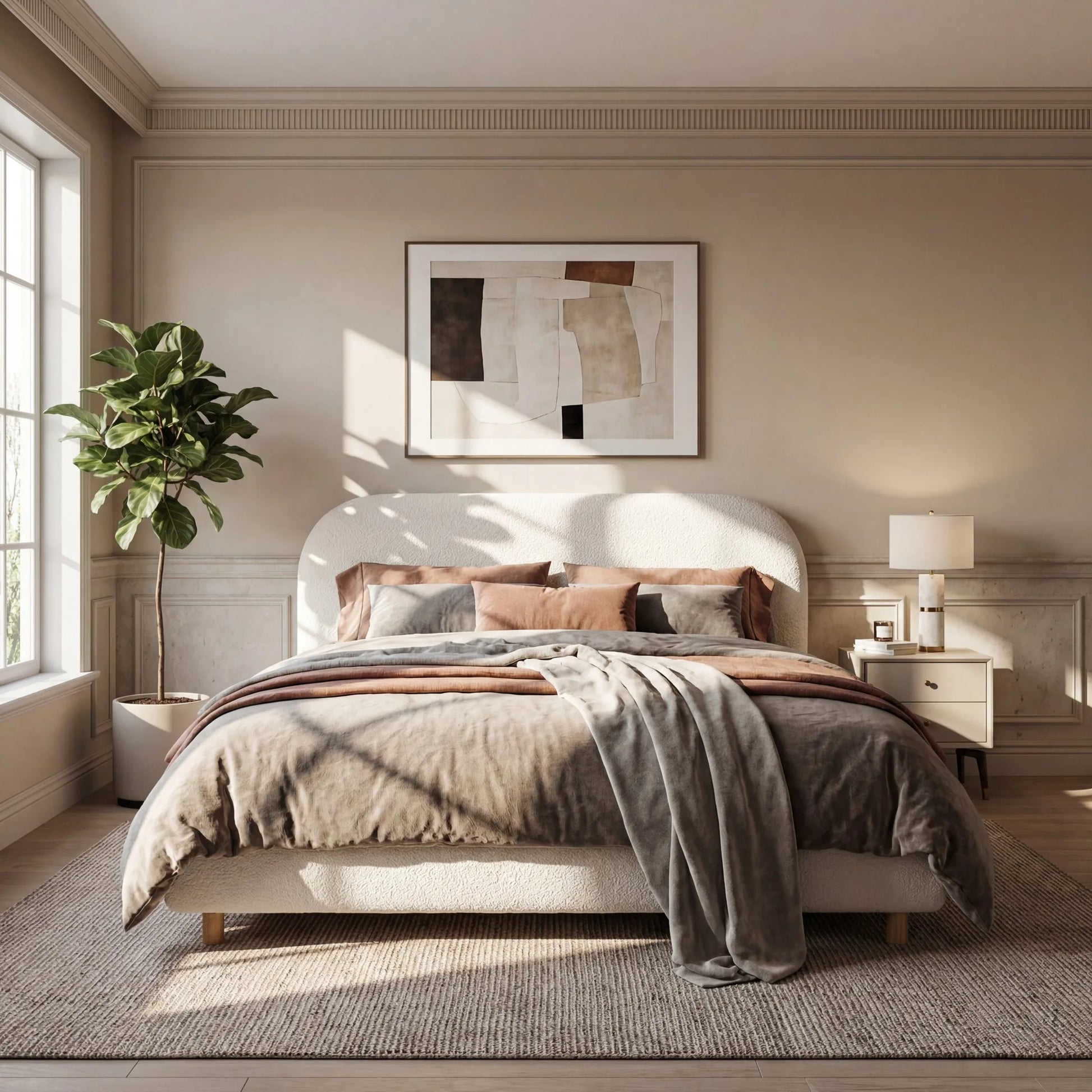 Queen Size Upholstered Bed With Boucle Fabric, Curved-Shape Design Thick Headboard, Solid Wood Legs, White lifestyle view