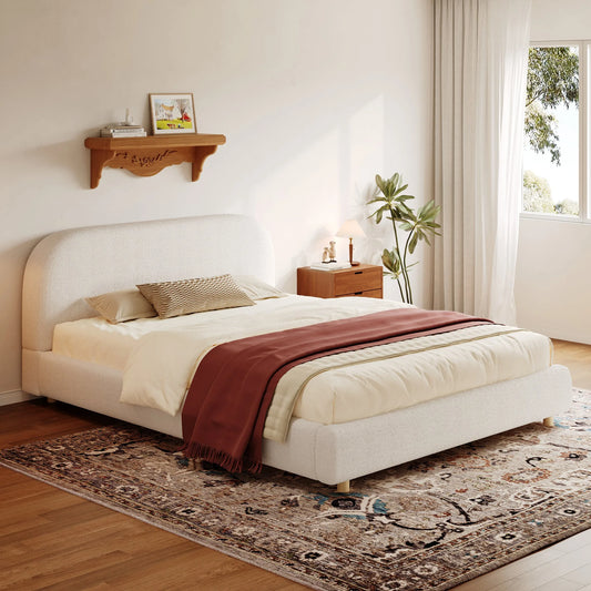 Queen Size Upholstered Bed With Boucle Fabric, Curved-Shape Design Thick Headboard, Solid Wood Legs, White detail view 2