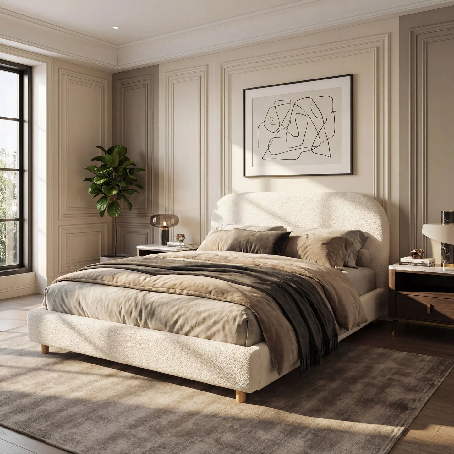 Queen Size Upholstered Bed With Boucle Fabric, Curved-Shape Design Thick Headboard, Solid Wood Legs, White detail view 3