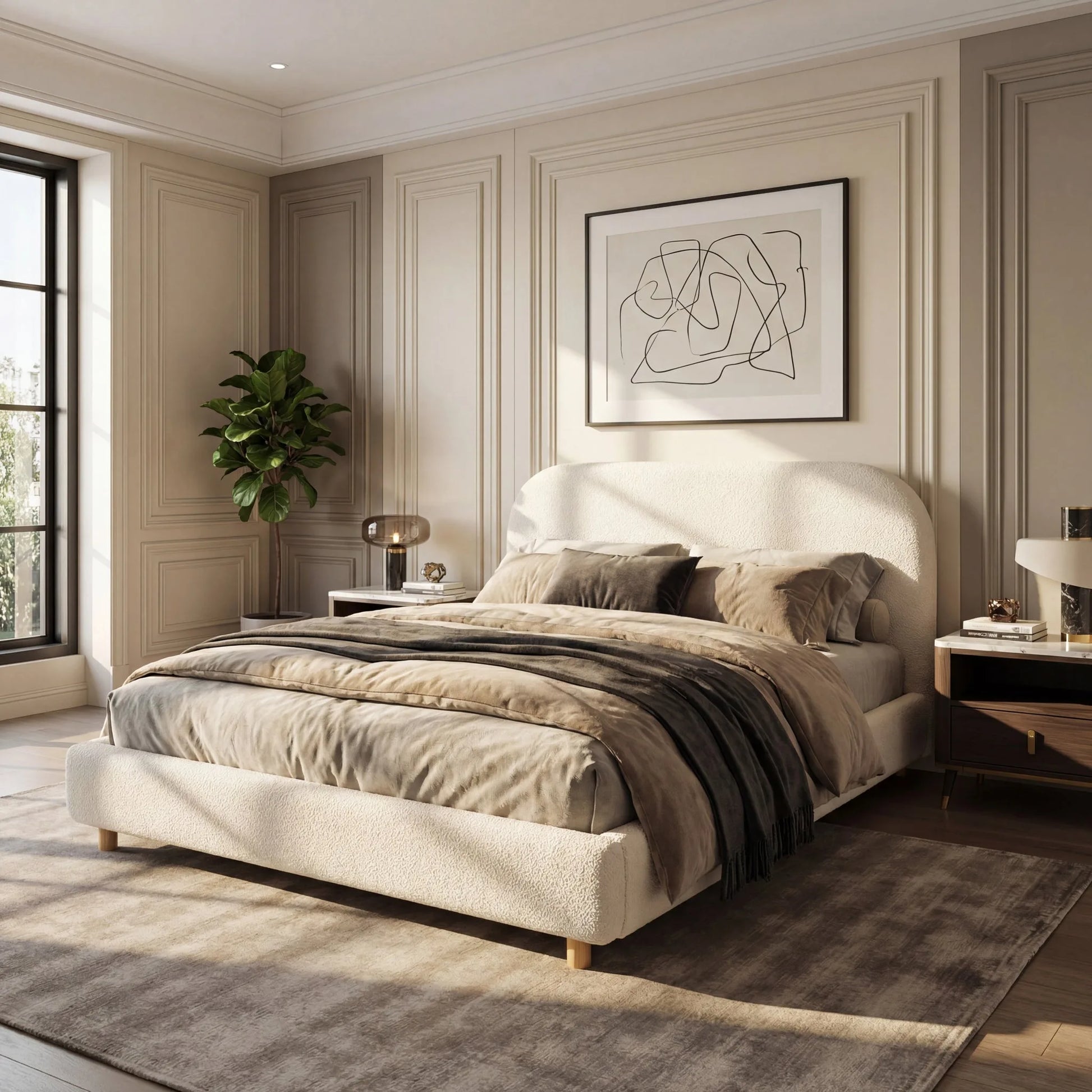 Queen Size Upholstered Bed With Boucle Fabric, Curved-Shape Design Thick Headboard, Solid Wood Legs, White detail view 3
