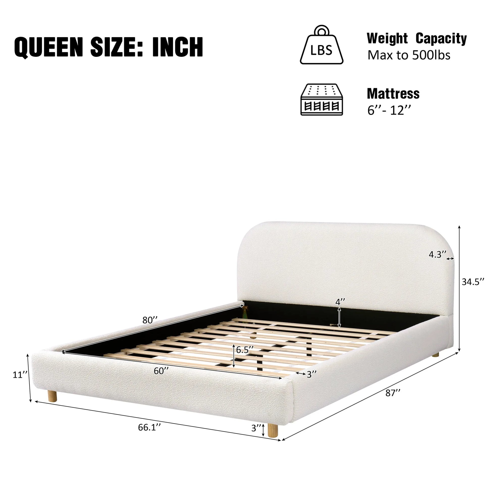 Queen Size Upholstered Bed With Boucle Fabric, Curved-Shape Design Thick Headboard, Solid Wood Legs, White detail view 4