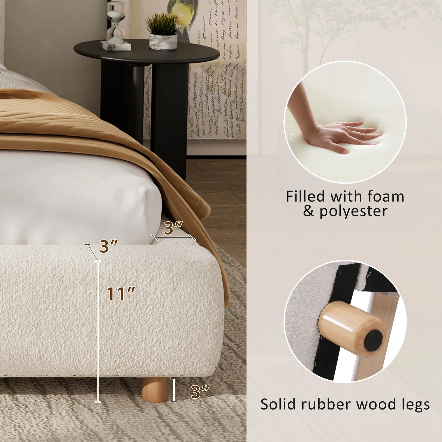 Queen Size Upholstered Bed With Boucle Fabric, Curved-Shape Design Thick Headboard, Solid Wood Legs, White detail view 5