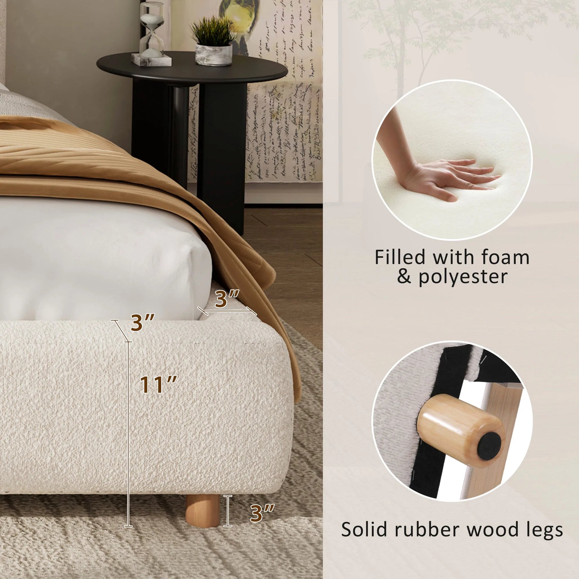 Queen Size Upholstered Bed With Boucle Fabric, Curved-Shape Design Thick Headboard, Solid Wood Legs, White detail view 5