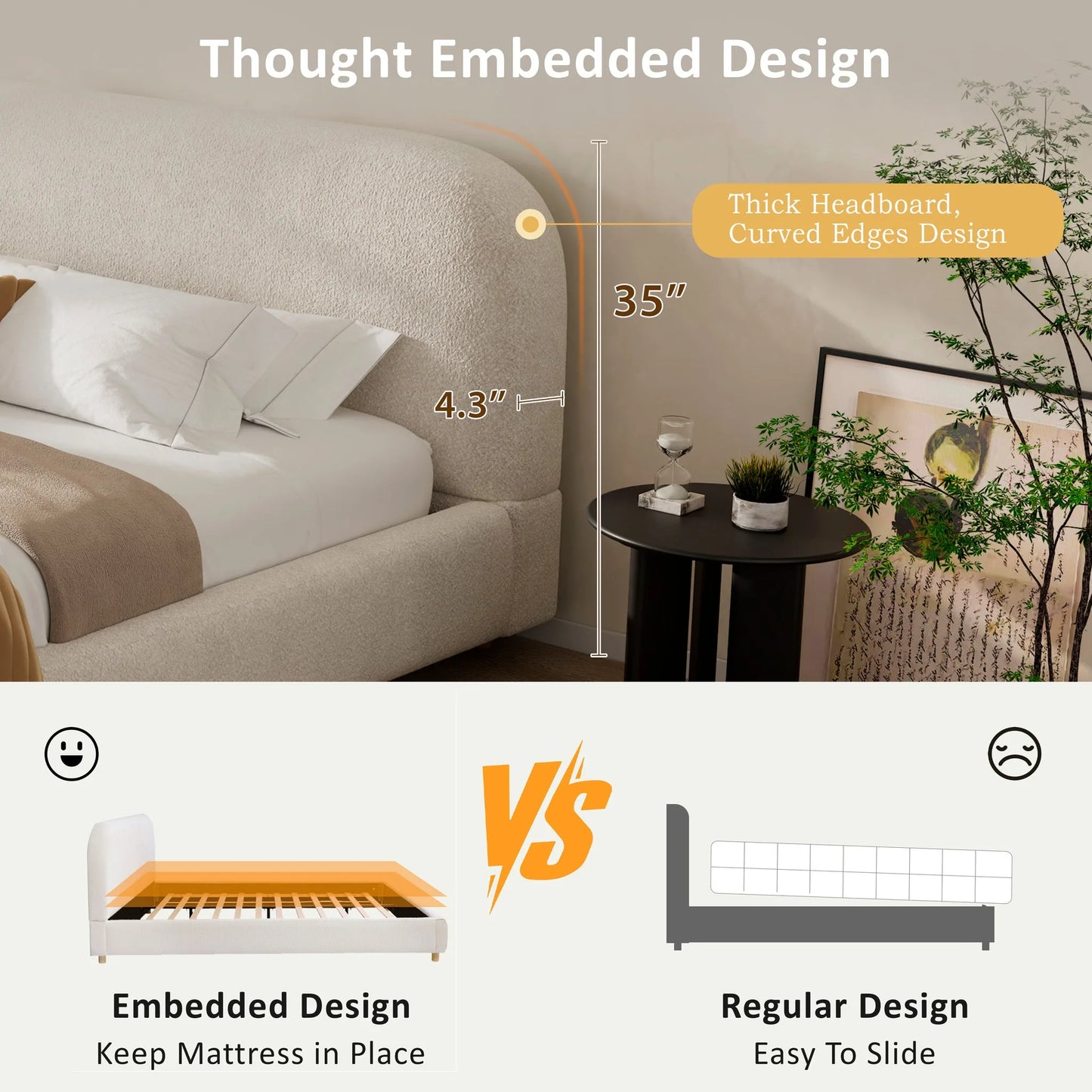 Queen Size Upholstered Bed With Boucle Fabric, Curved-Shape Design Thick Headboard, Solid Wood Legs, White detail view 6