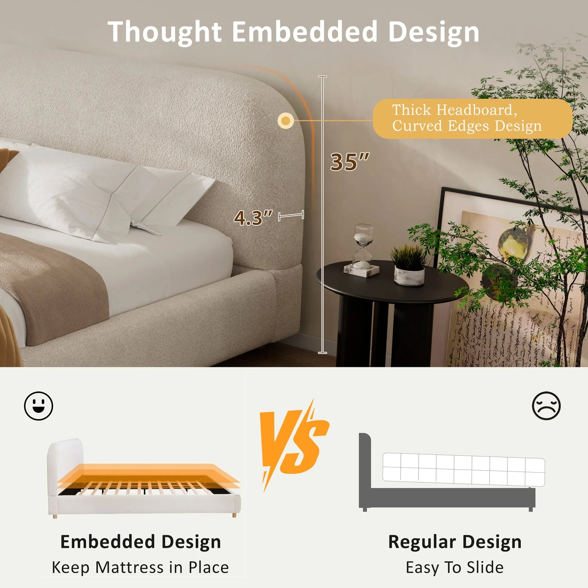 Queen Size Upholstered Bed With Boucle Fabric, Curved-Shape Design Thick Headboard, Solid Wood Legs, White detail view 6