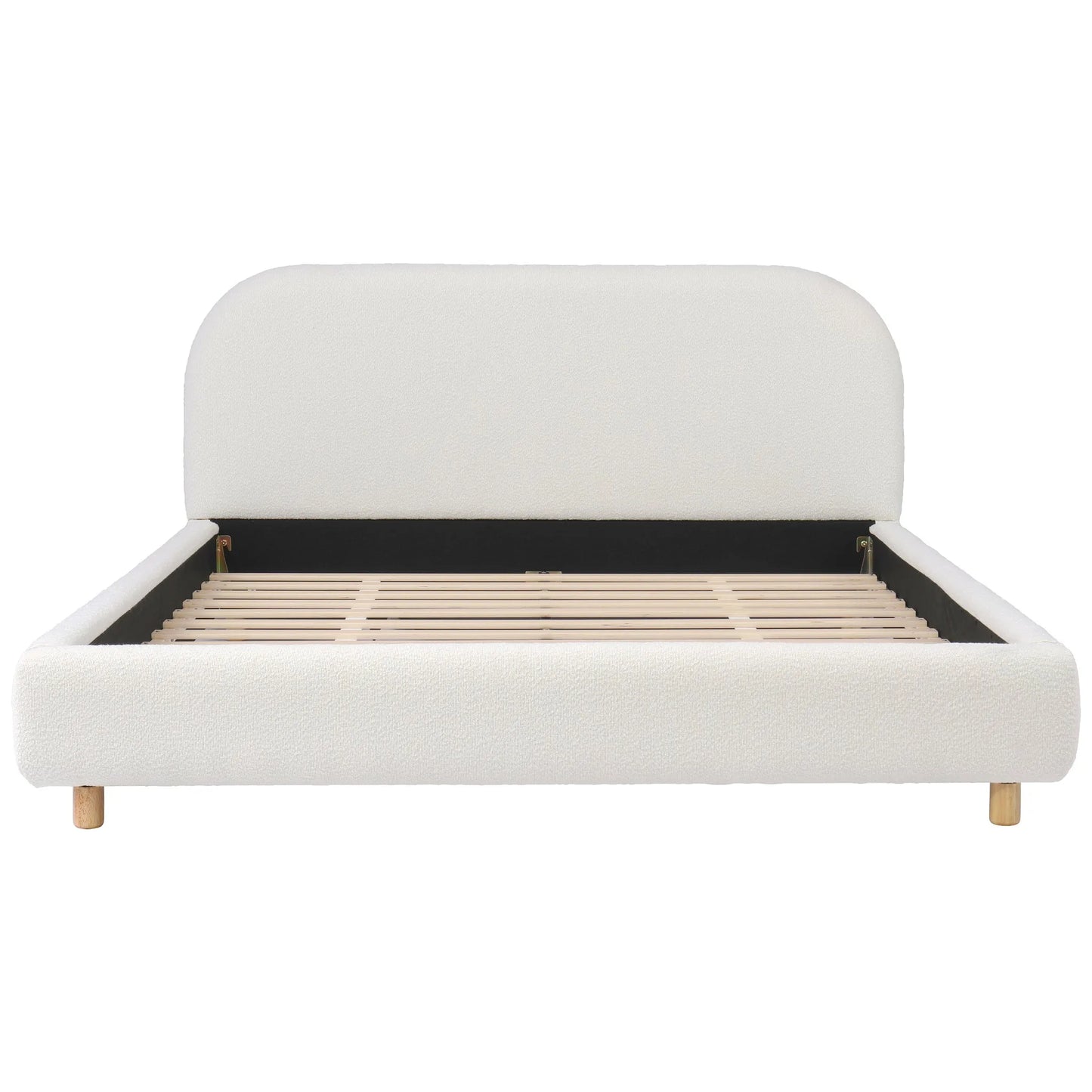 Queen Size Upholstered Bed With Boucle Fabric, Curved-Shape Design Thick Headboard, Solid Wood Legs, White detail view 7