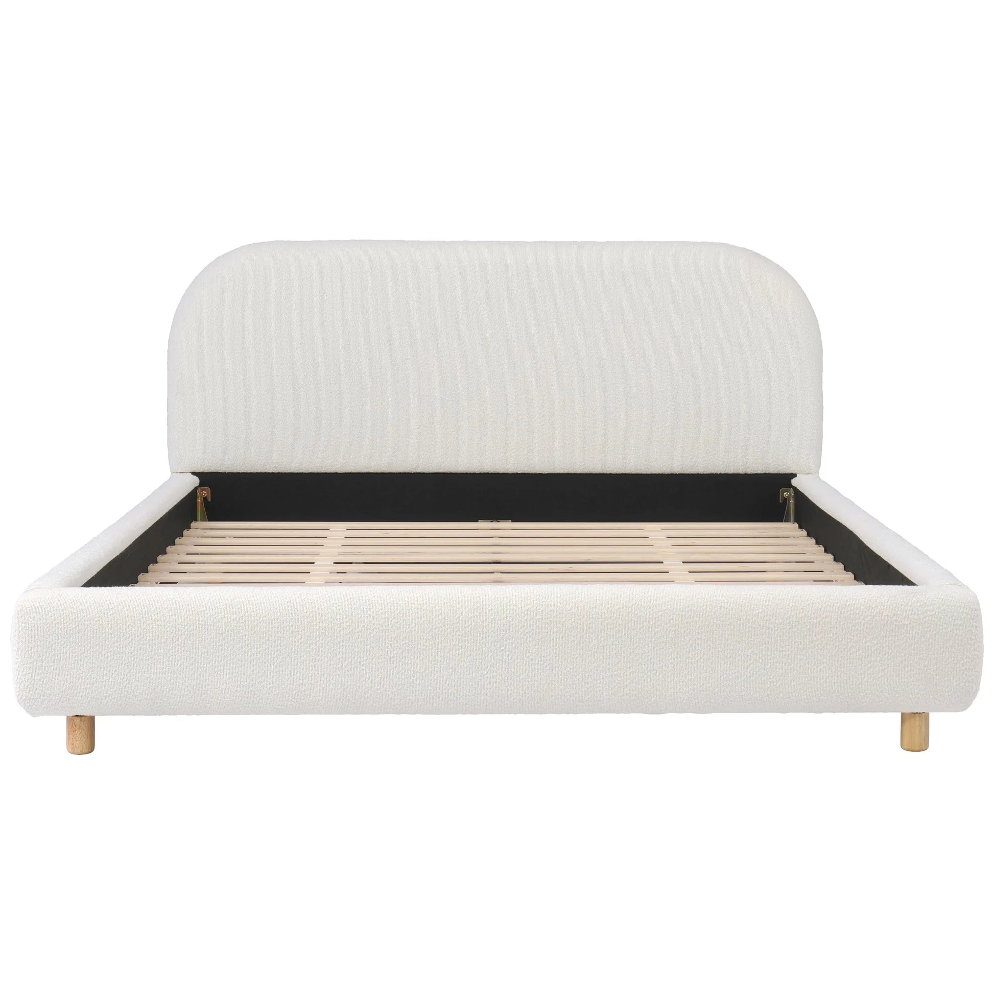 Queen Size Upholstered Bed With Boucle Fabric, Curved-Shape Design Thick Headboard, Solid Wood Legs, White detail view 7
