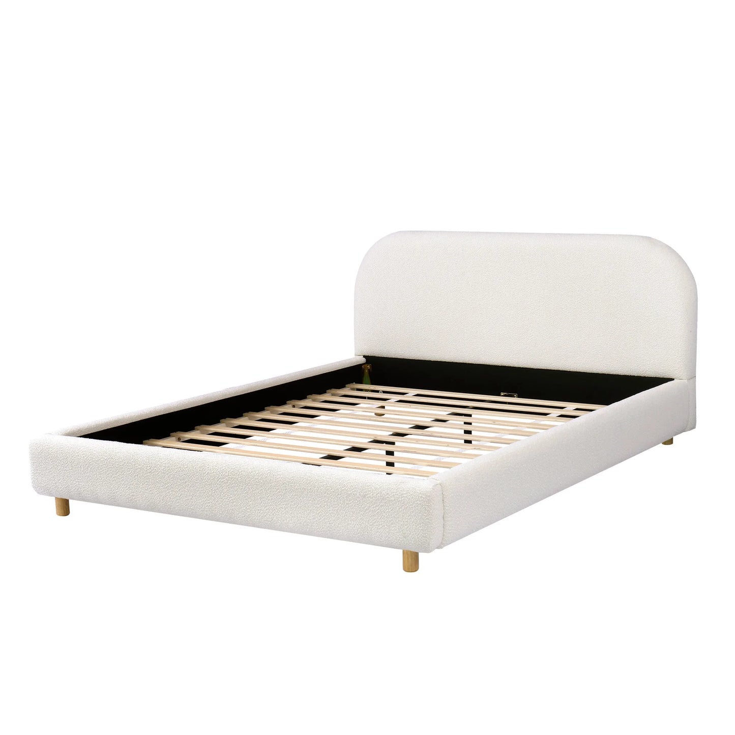Queen Size Upholstered Bed With Boucle Fabric, Curved-Shape Design Thick Headboard, Solid Wood Legs, White detail view 8