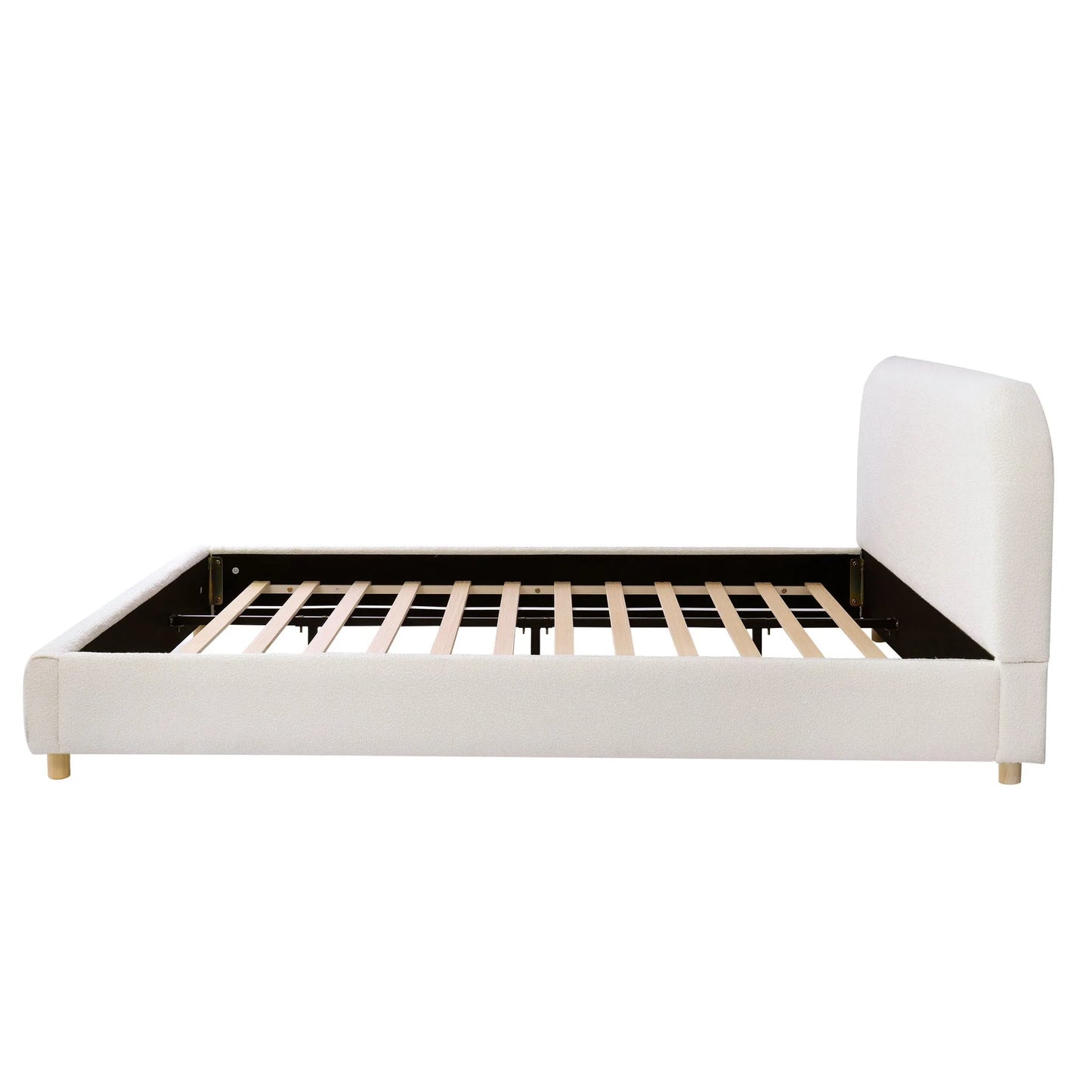 Queen Size Upholstered Bed With Boucle Fabric, Curved-Shape Design Thick Headboard, Solid Wood Legs, White detail view 9