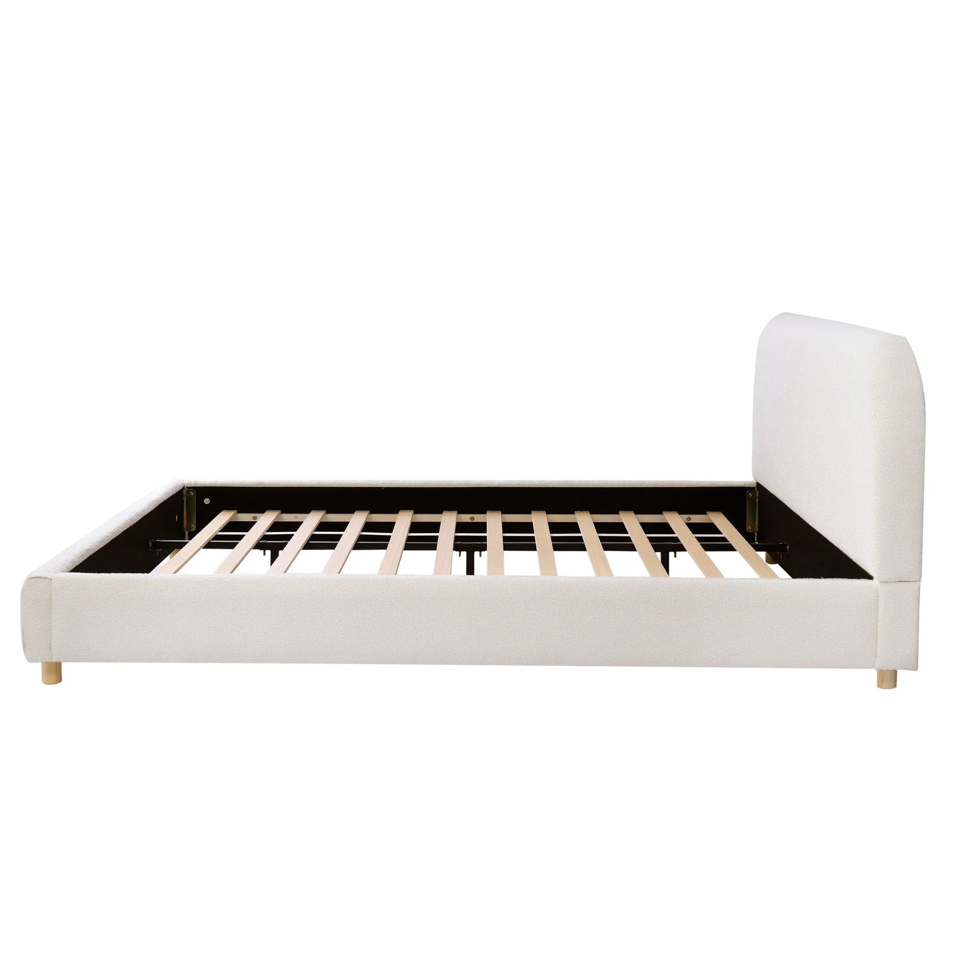 Queen Size Upholstered Bed With Boucle Fabric, Curved-Shape Design Thick Headboard, Solid Wood Legs, White detail view 9