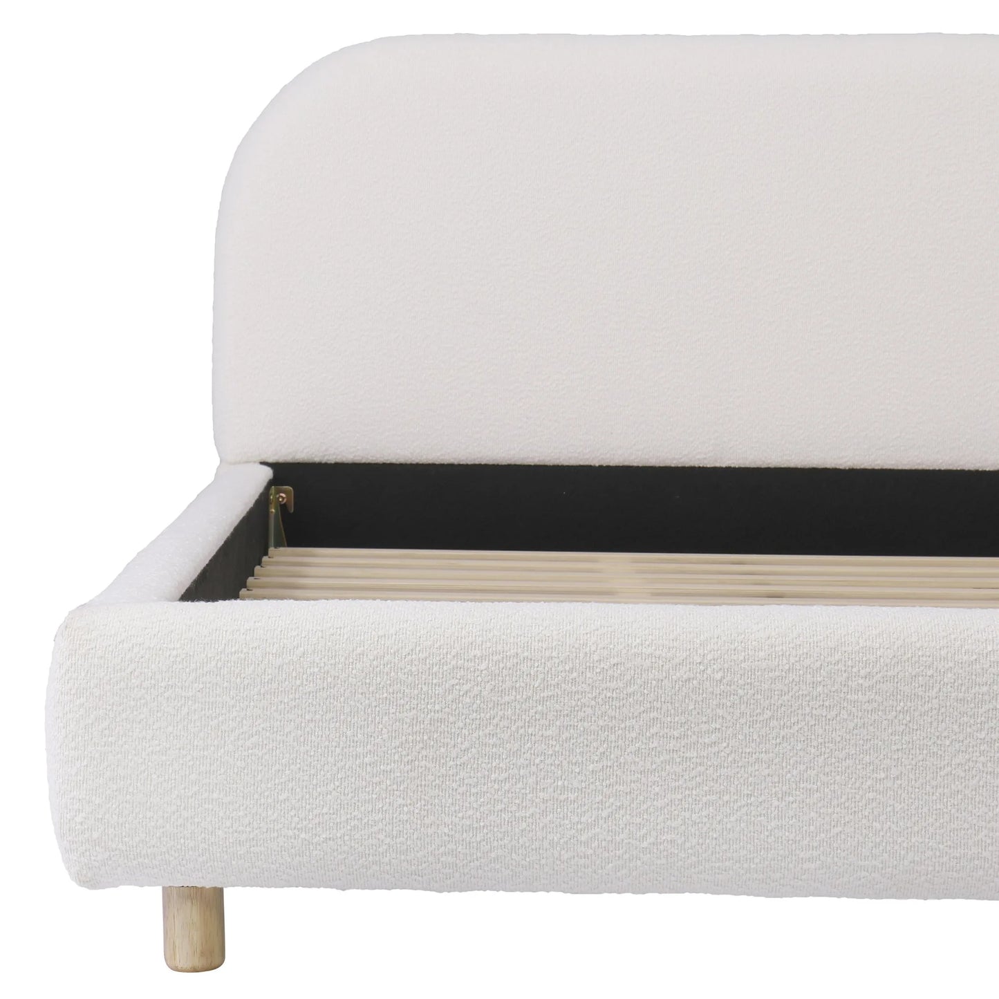 Queen Size Upholstered Bed With Boucle Fabric, Curved-Shape Design Thick Headboard, Solid Wood Legs, White detail view 11