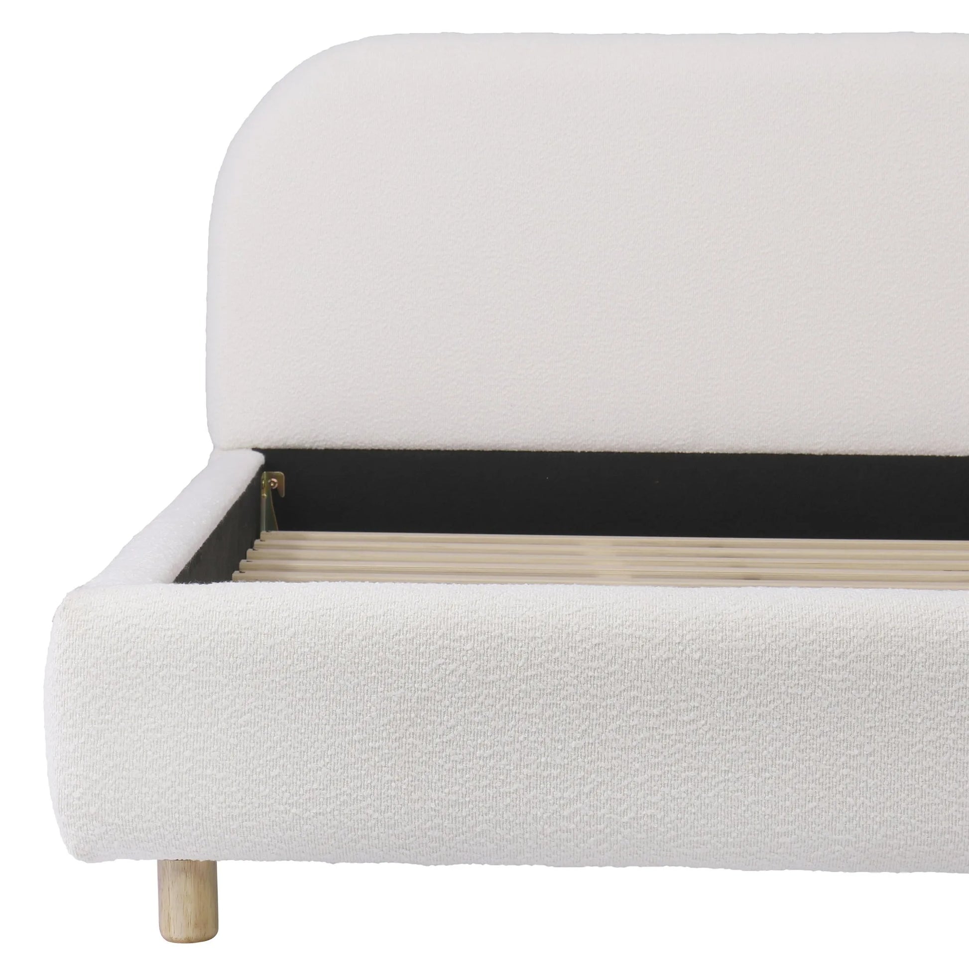 Queen Size Upholstered Bed With Boucle Fabric, Curved-Shape Design Thick Headboard, Solid Wood Legs, White detail view 11
