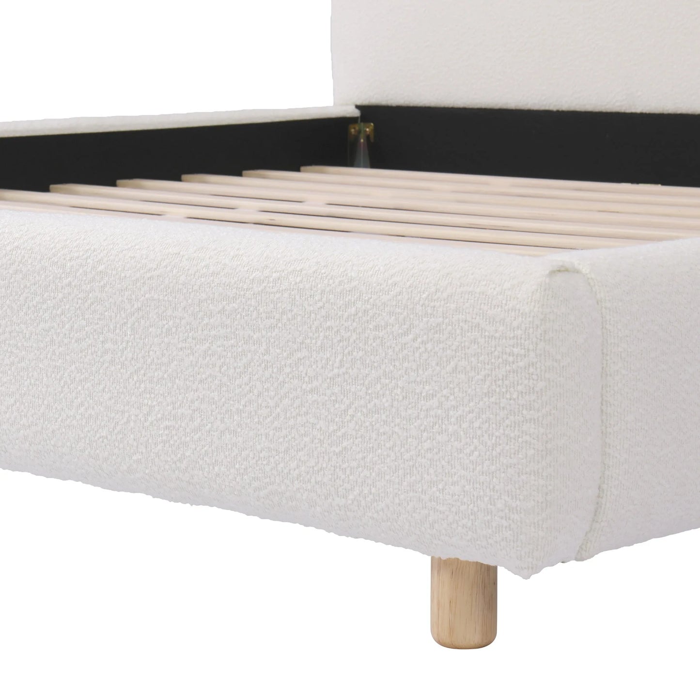 Queen Size Upholstered Bed With Boucle Fabric, Curved-Shape Design Thick Headboard, Solid Wood Legs, White detail view 12
