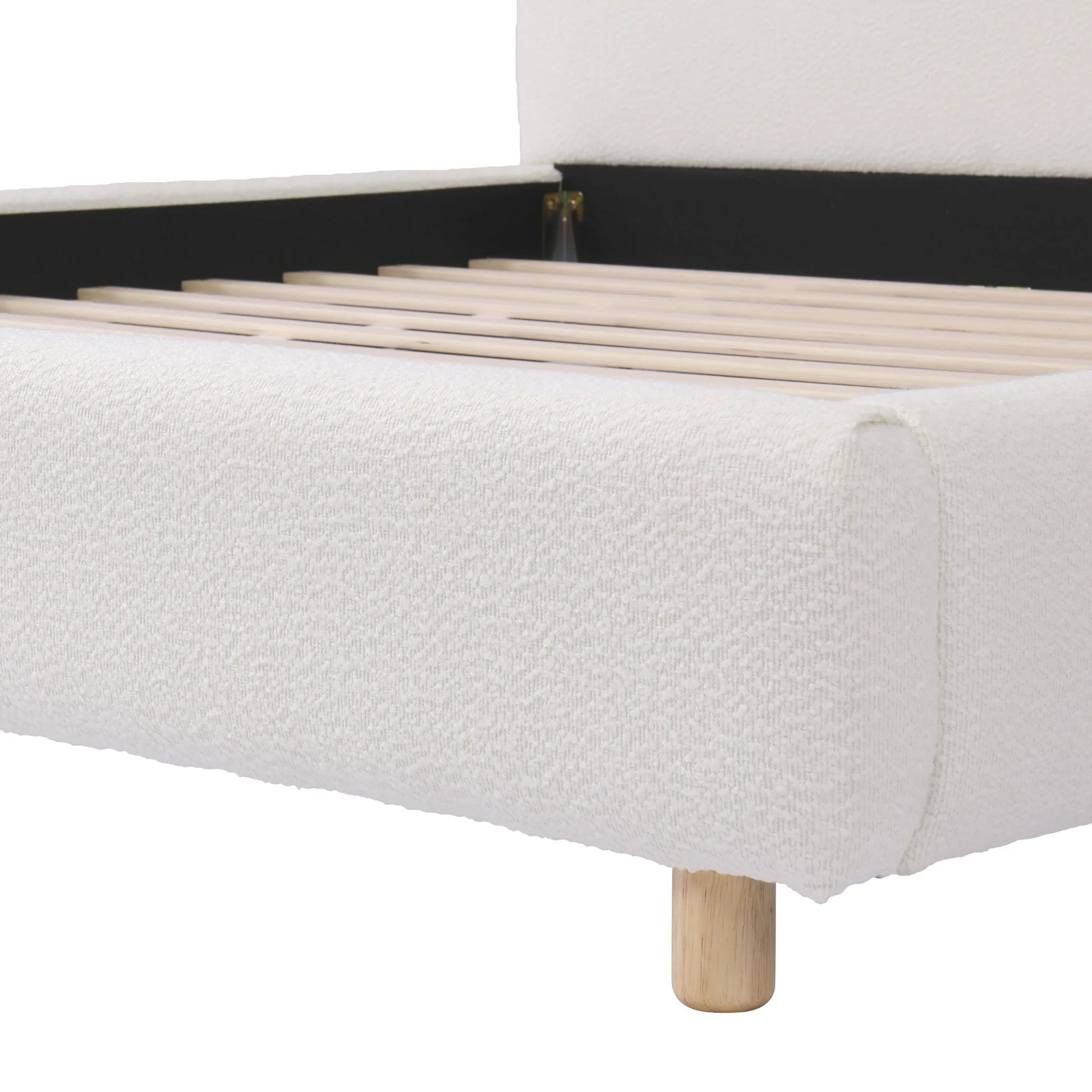 Queen Size Upholstered Bed With Boucle Fabric, Curved-Shape Design Thick Headboard, Solid Wood Legs, White detail view 12