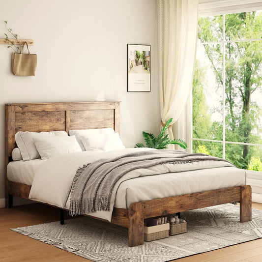 Bed Frame Queen Size, Wood Platform Bed Frame, Noise Free, No Box Spring Needed and Easy Assembly Tool, Large Under Bed Storage, Dark Brown lifestyle view
