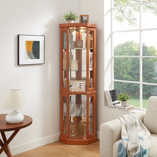 Corner Glass Cabinet Lighted Curio Cabinet Corner Display Case for Living Room, Curio Cabinet, Antique collection, Wine, Bar Glass Storage Light Included, Dark oak lifestyle view