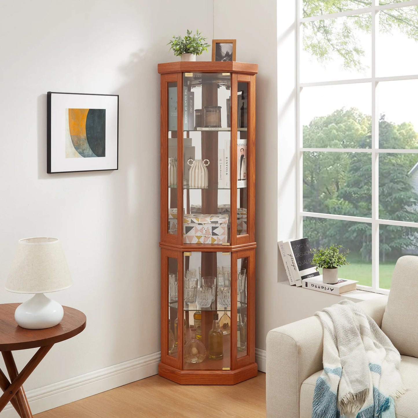 Corner Glass Cabinet Lighted Curio Cabinet Corner Display Case for Living Room, Curio Cabinet, Antique collection, Wine, Bar Glass Storage Light Included, Dark oak detail view 2