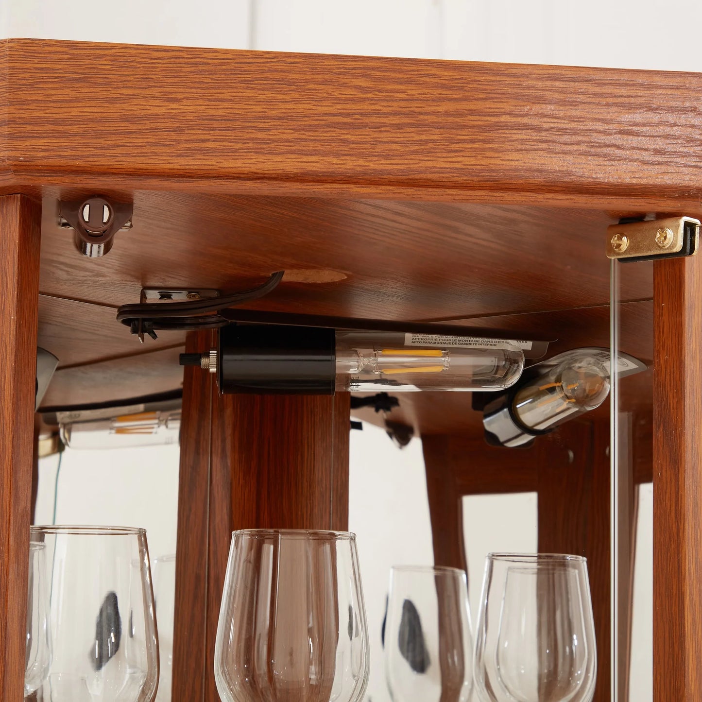 Corner Glass Cabinet Lighted Curio Cabinet Corner Display Case for Living Room, Curio Cabinet, Antique collection, Wine, Bar Glass Storage Light Included, Dark oak detail view 7