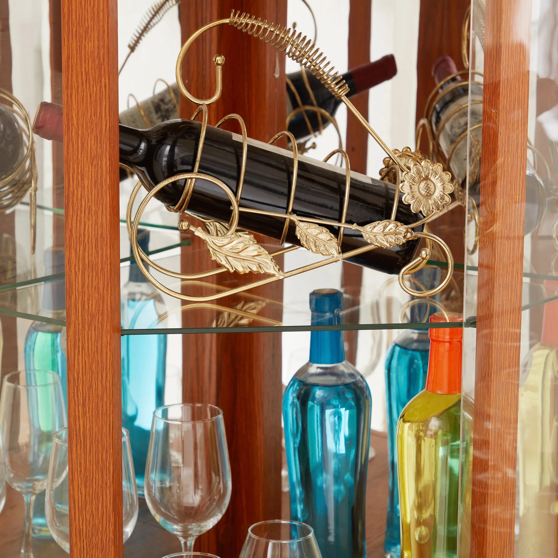 Corner Glass Cabinet Lighted Curio Cabinet Corner Display Case for Living Room, Curio Cabinet, Antique collection, Wine, Bar Glass Storage Light Included, Dark oak detail view 10