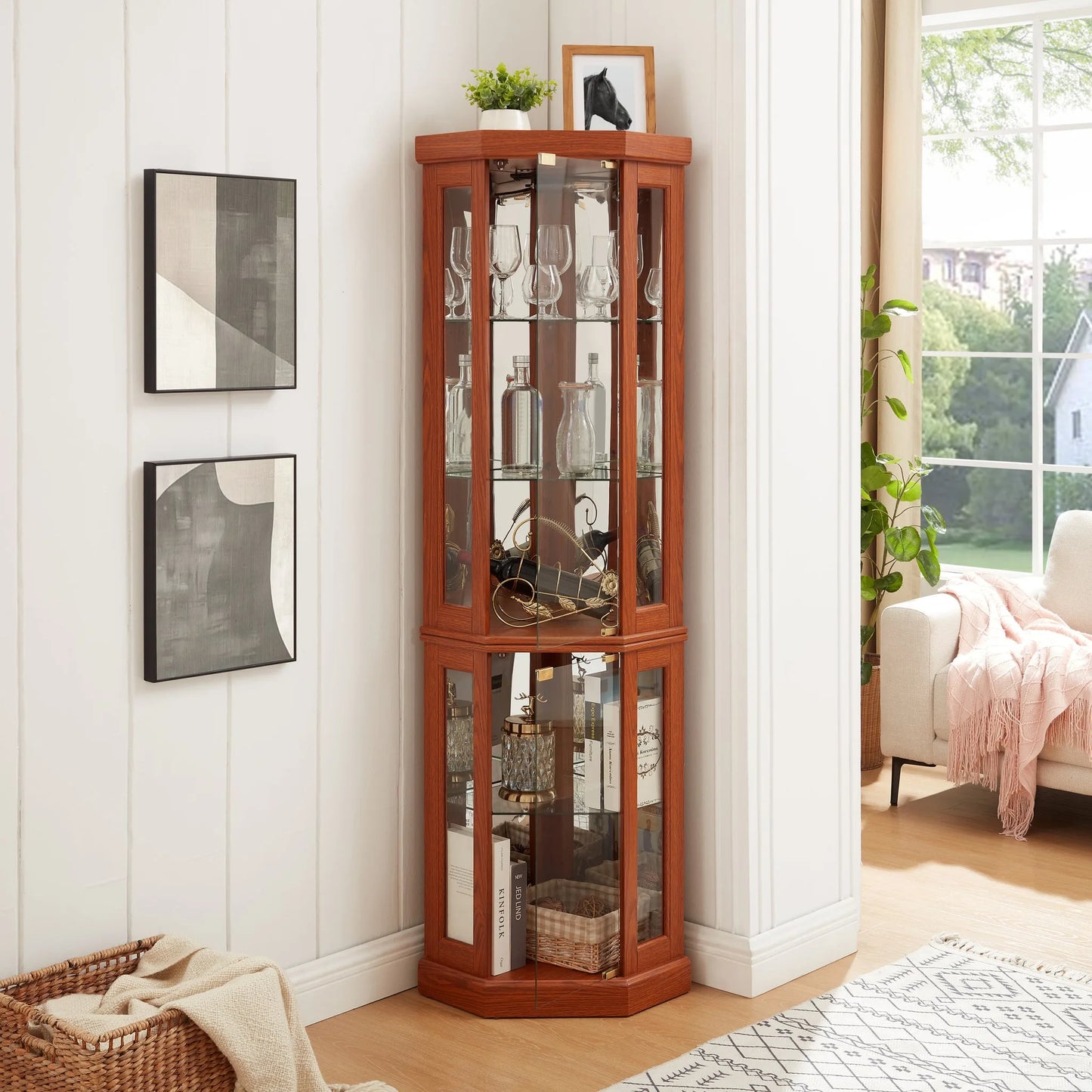 Corner Glass Cabinet Lighted Curio Cabinet Corner Display Case for Living Room, Curio Cabinet, Antique collection, Wine, Bar Glass Storage Light Included, Dark oak detail view 11