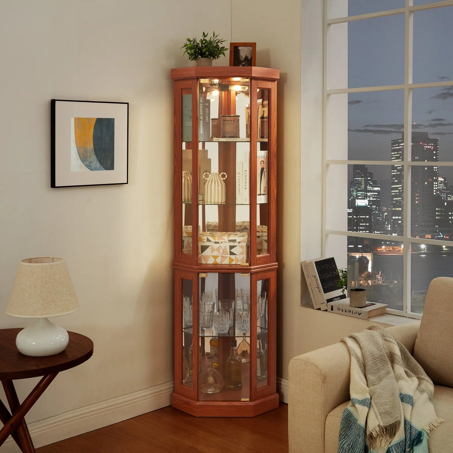 Corner Glass Cabinet Lighted Curio Cabinet Corner Display Case for Living Room, Curio Cabinet, Antique collection, Wine, Bar Glass Storage Light Included, Dark oak detail view 12