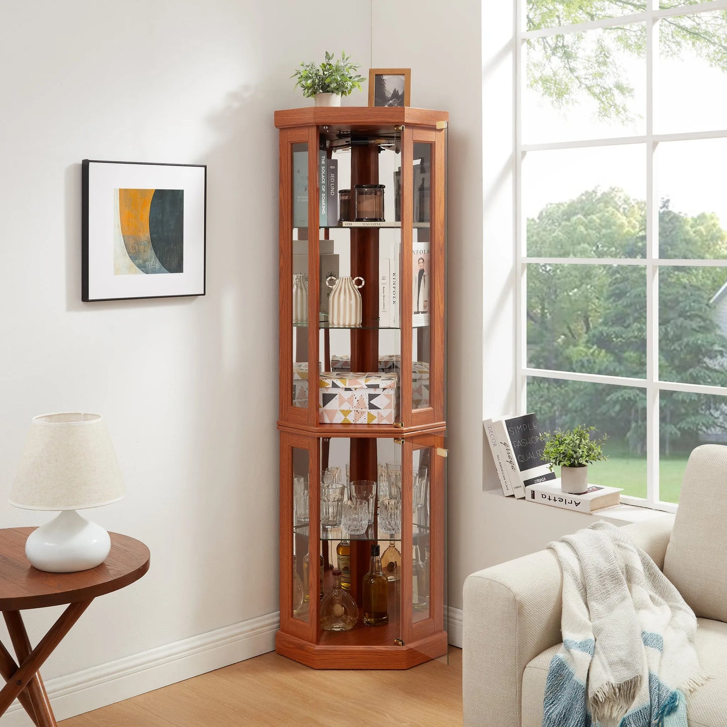 Corner Glass Cabinet Lighted Curio Cabinet Corner Display Case for Living Room, Curio Cabinet, Antique collection, Wine, Bar Glass Storage Light Included, Dark oak detail view 13